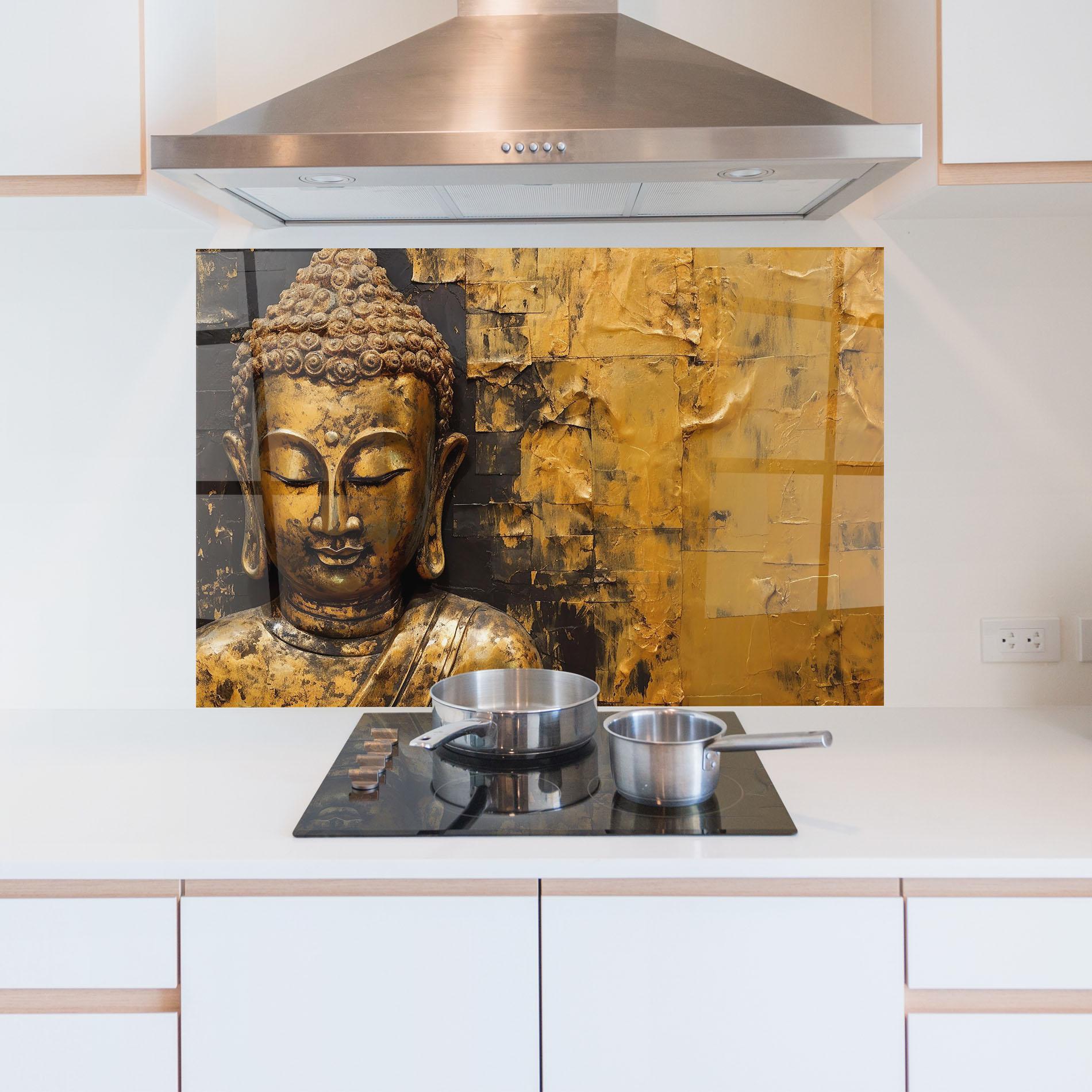 Küchenrückwand Glas Gold Paint Buddha mockup 5