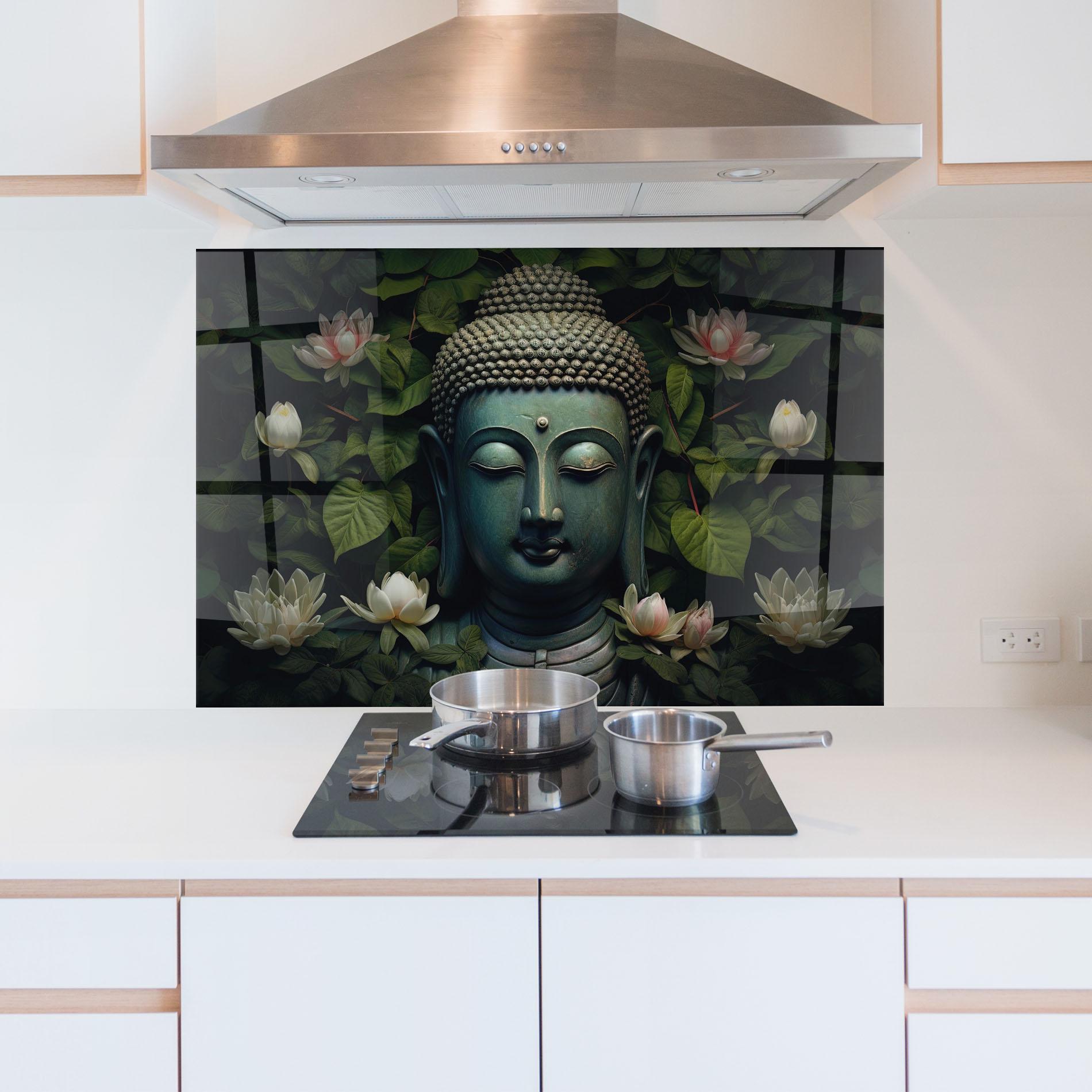 Küchenrückwand Glas Green Statue Buddha mockup 5