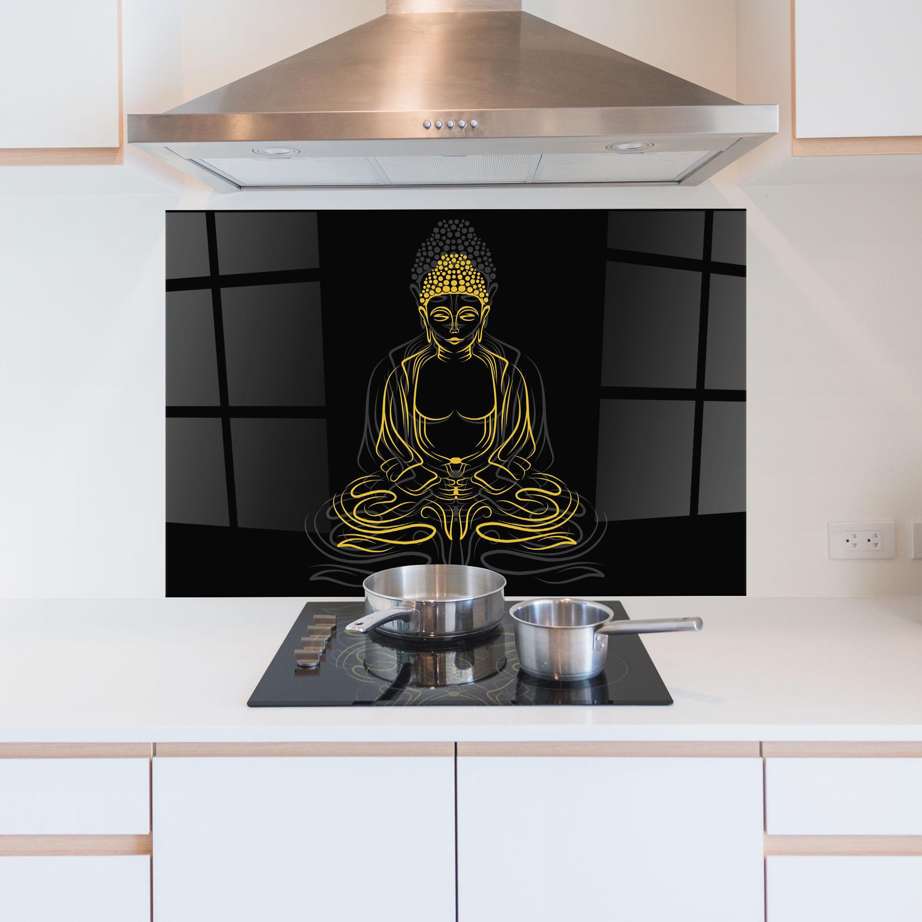 Küchenrückwand Glas Grey Yellow Buddha mockup 5