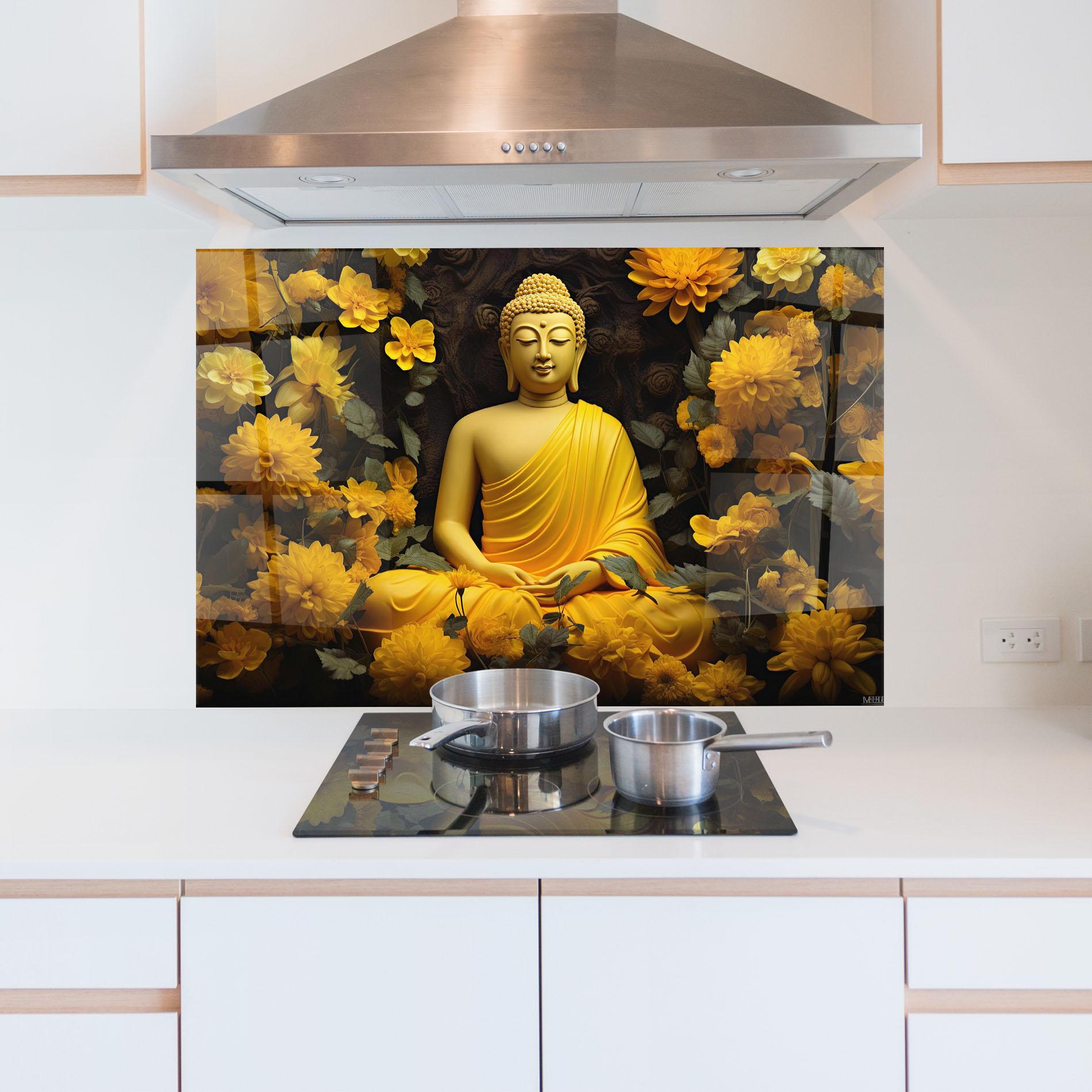 Küchenrückwand Glas Light Yellow Buddha mockup 5