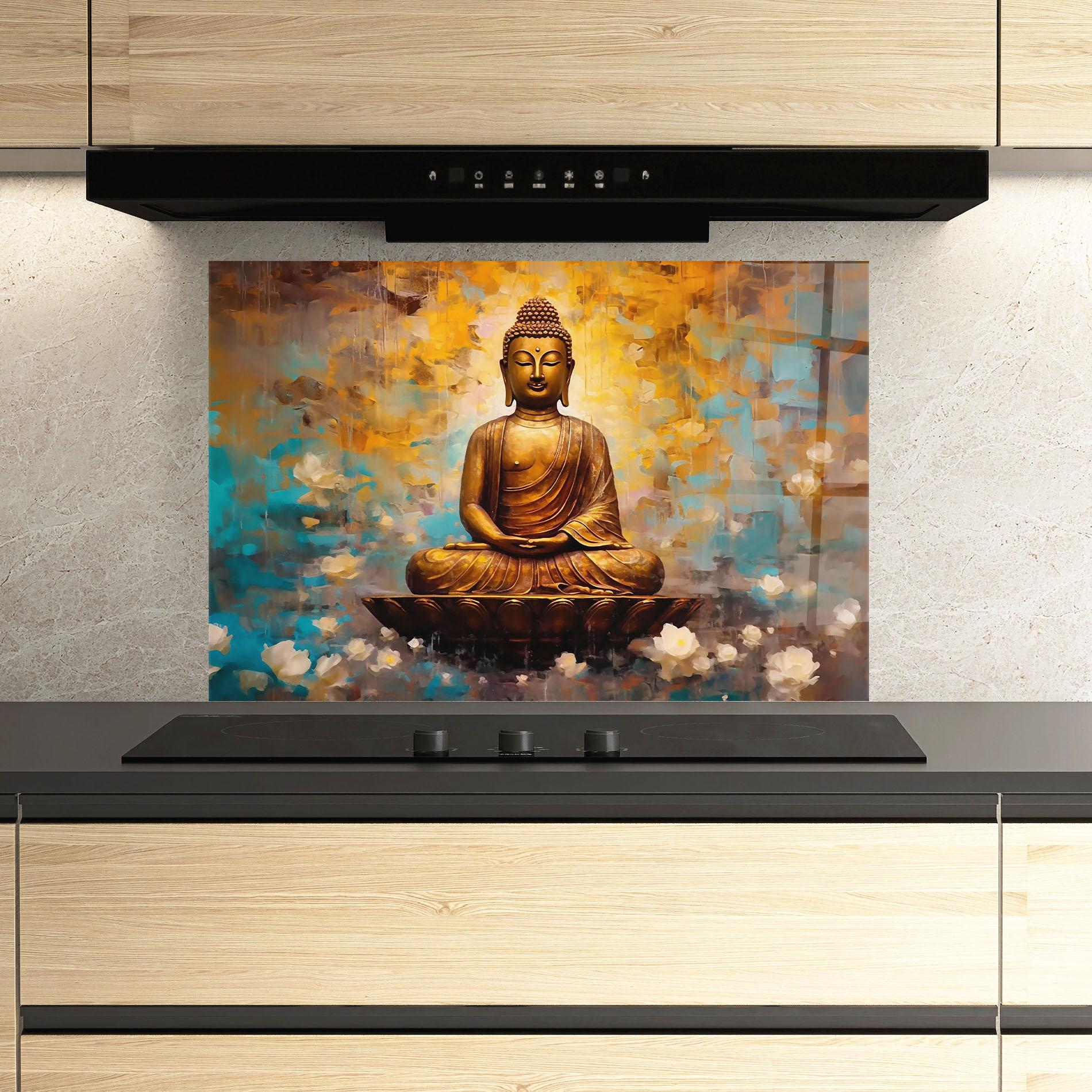 Küchenrückwand Glas Blue Gold Buddha mockup 3