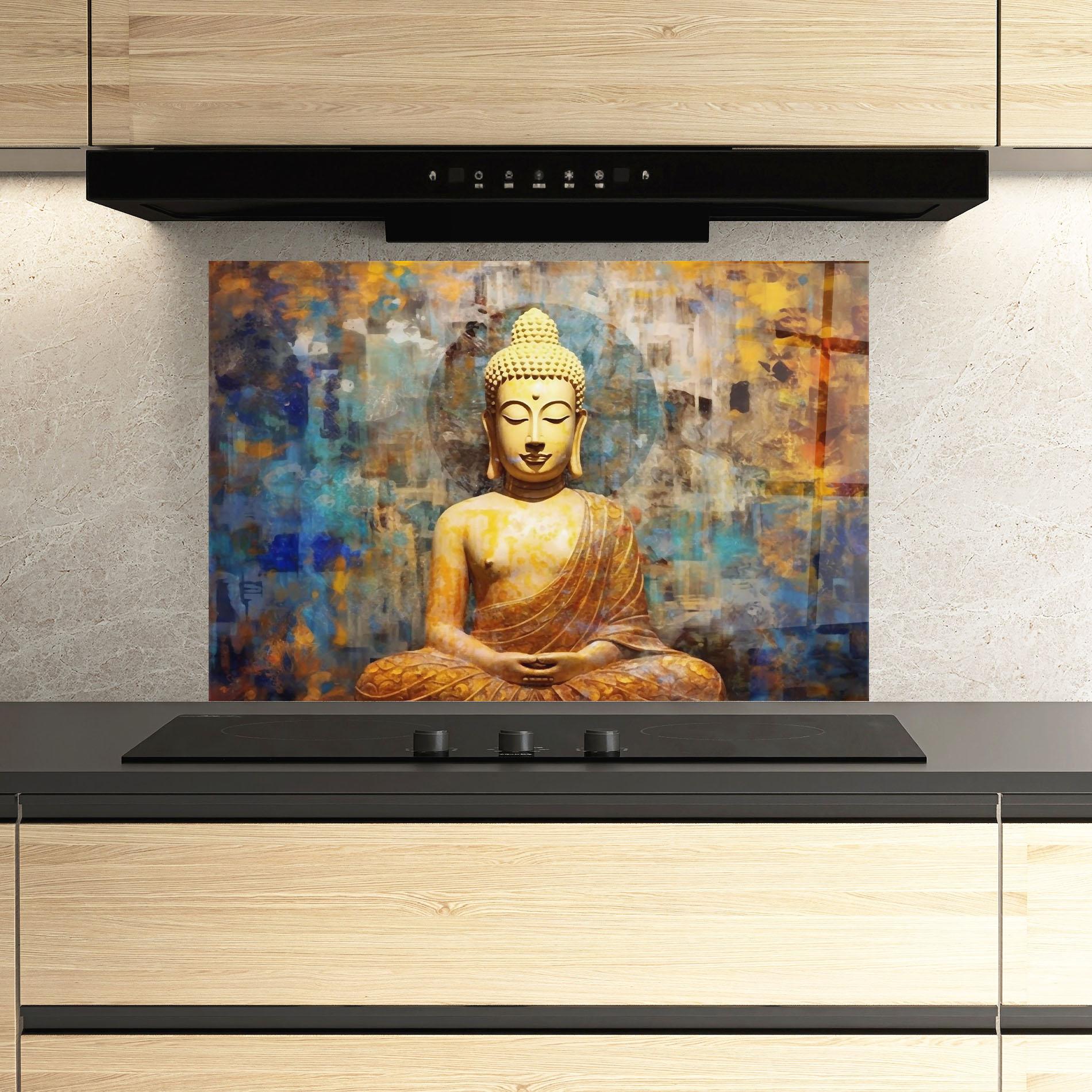 Küchenrückwand Glas Buddha Blue Gold mockup 3