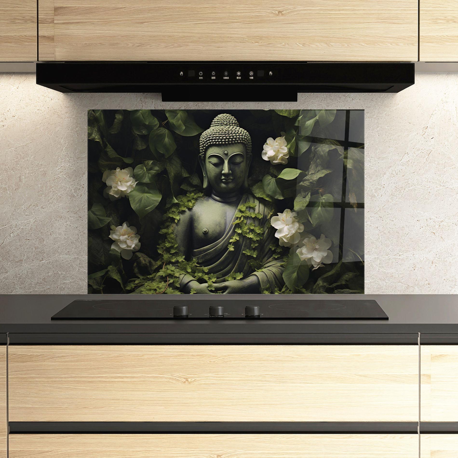 Küchenrückwand Glas Buddha Lotus Statue mockup 3