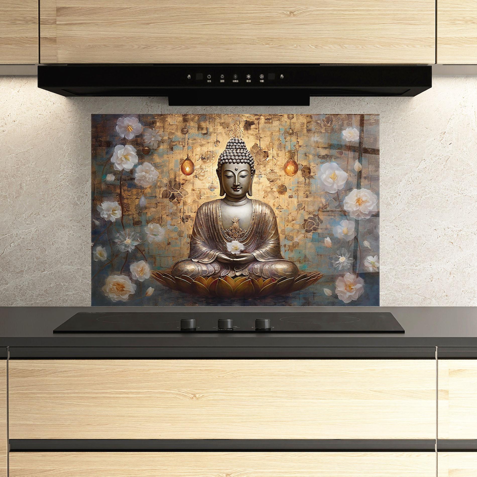 Küchenrückwand Glas Buddha Meditation Art mockup 3