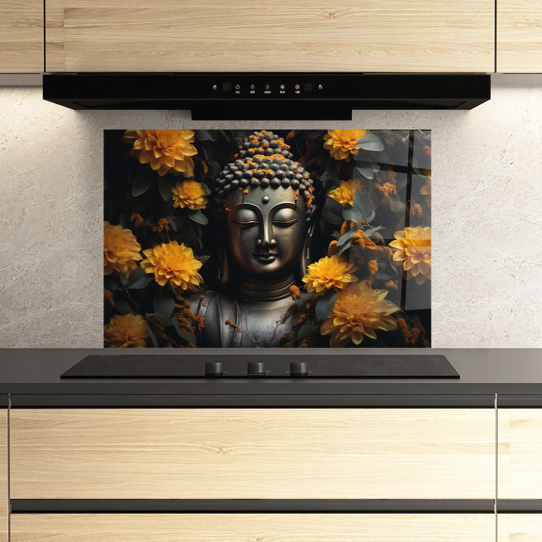 Küchenrückwand Glas Buddha Peace Statue mockup 3