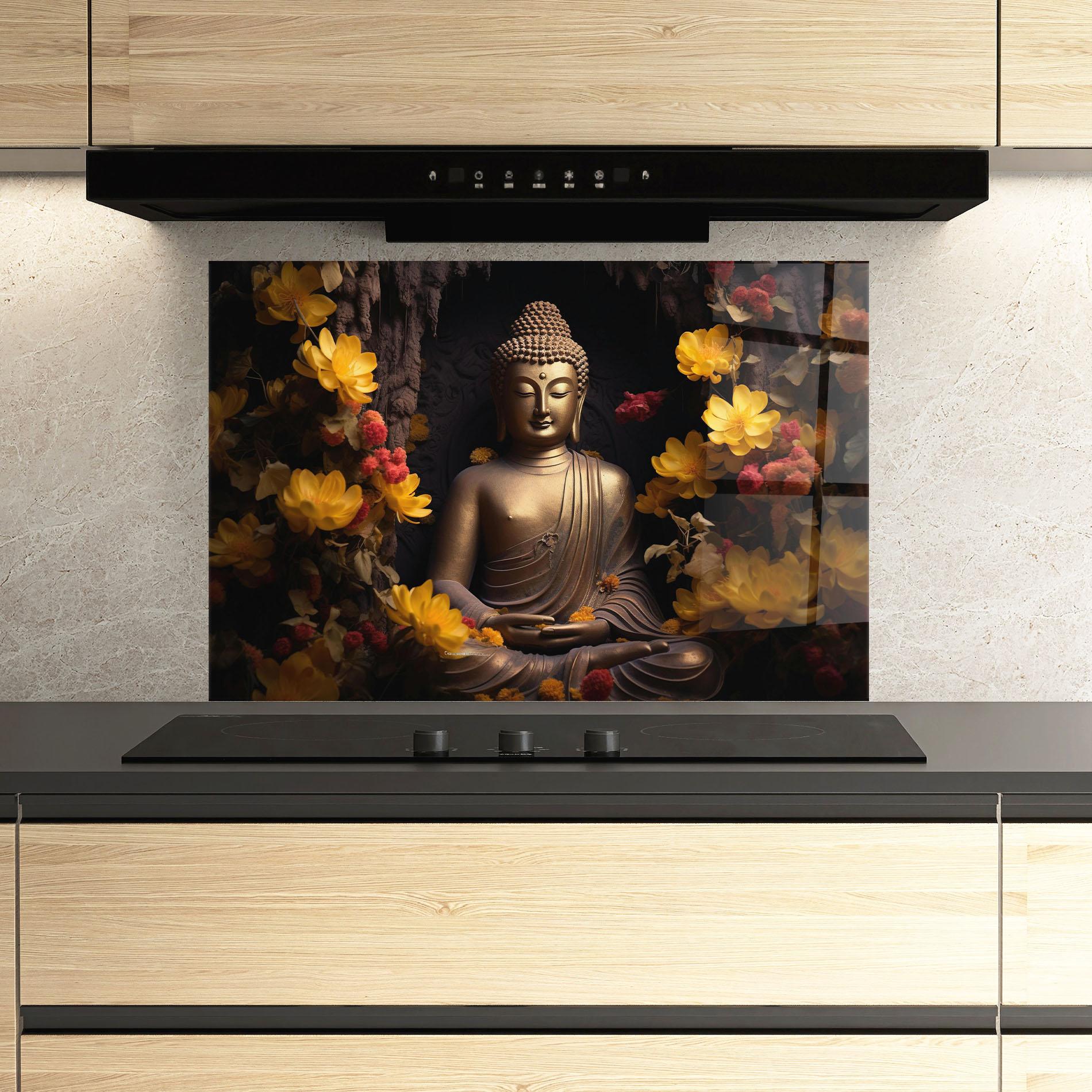 Küchenrückwand Glas Buddha Yellow Red mockup 3