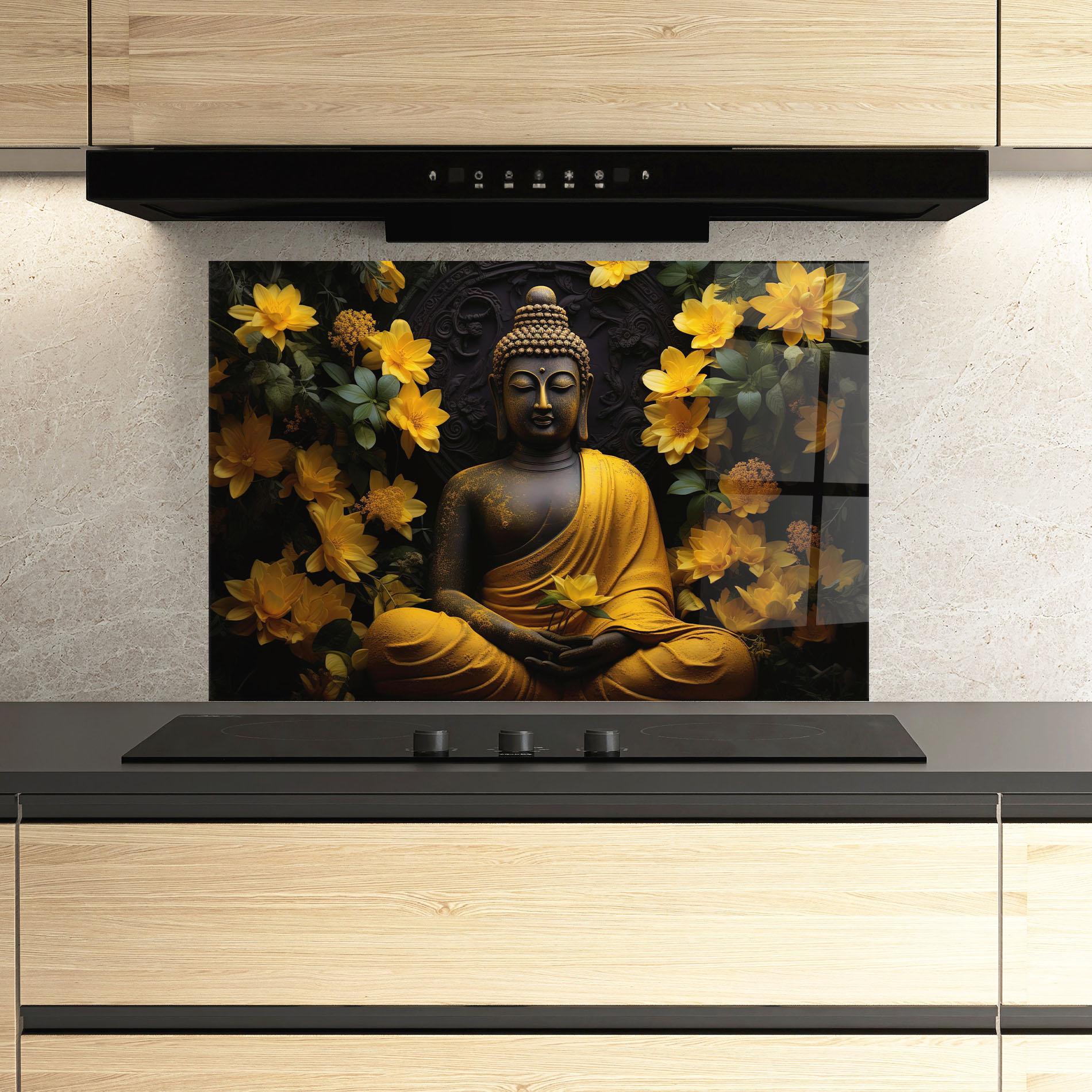 Küchenrückwand Glas Buddha Yellow Statue mockup 3