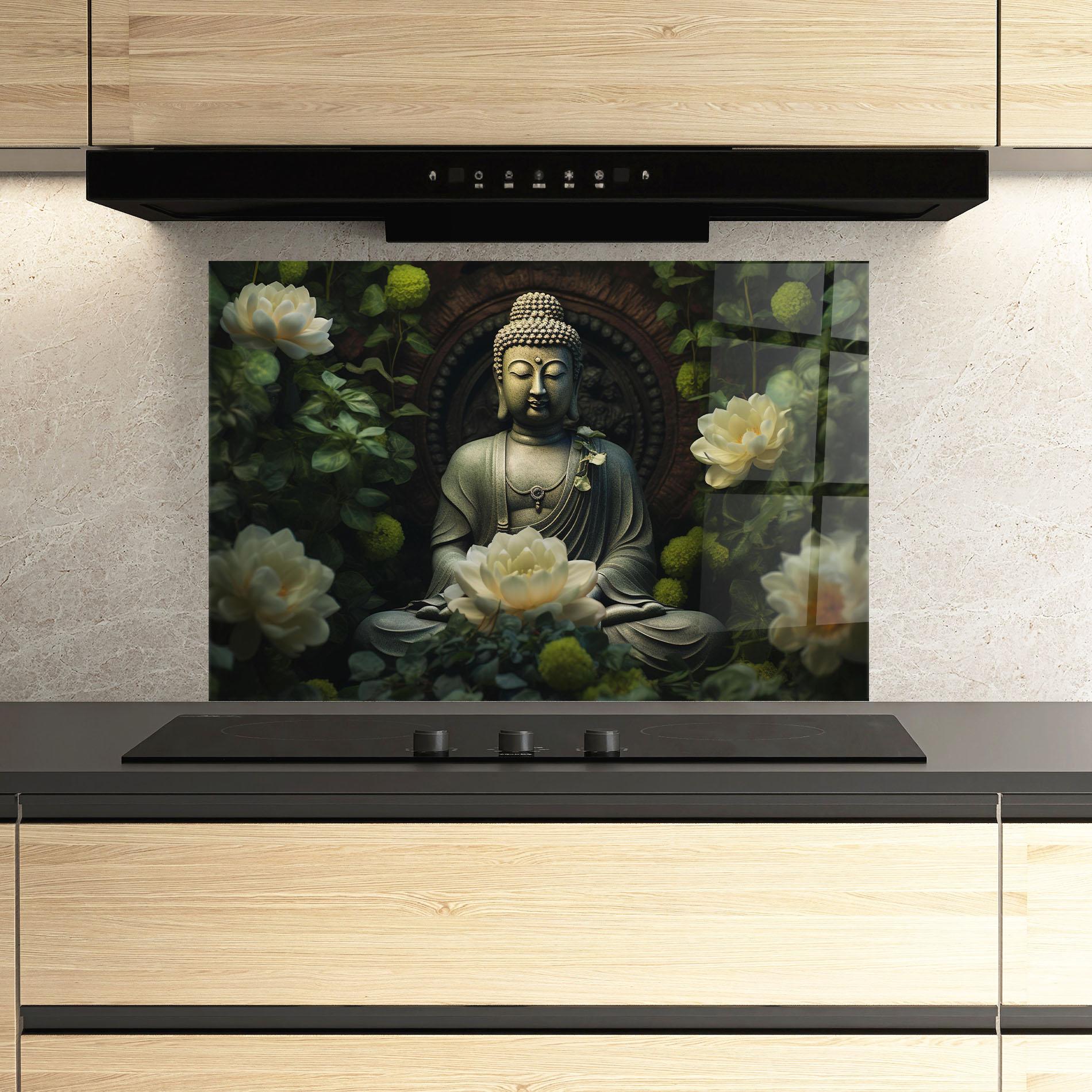 Küchenrückwand Glas Cream Flower Buddha mockup 3
