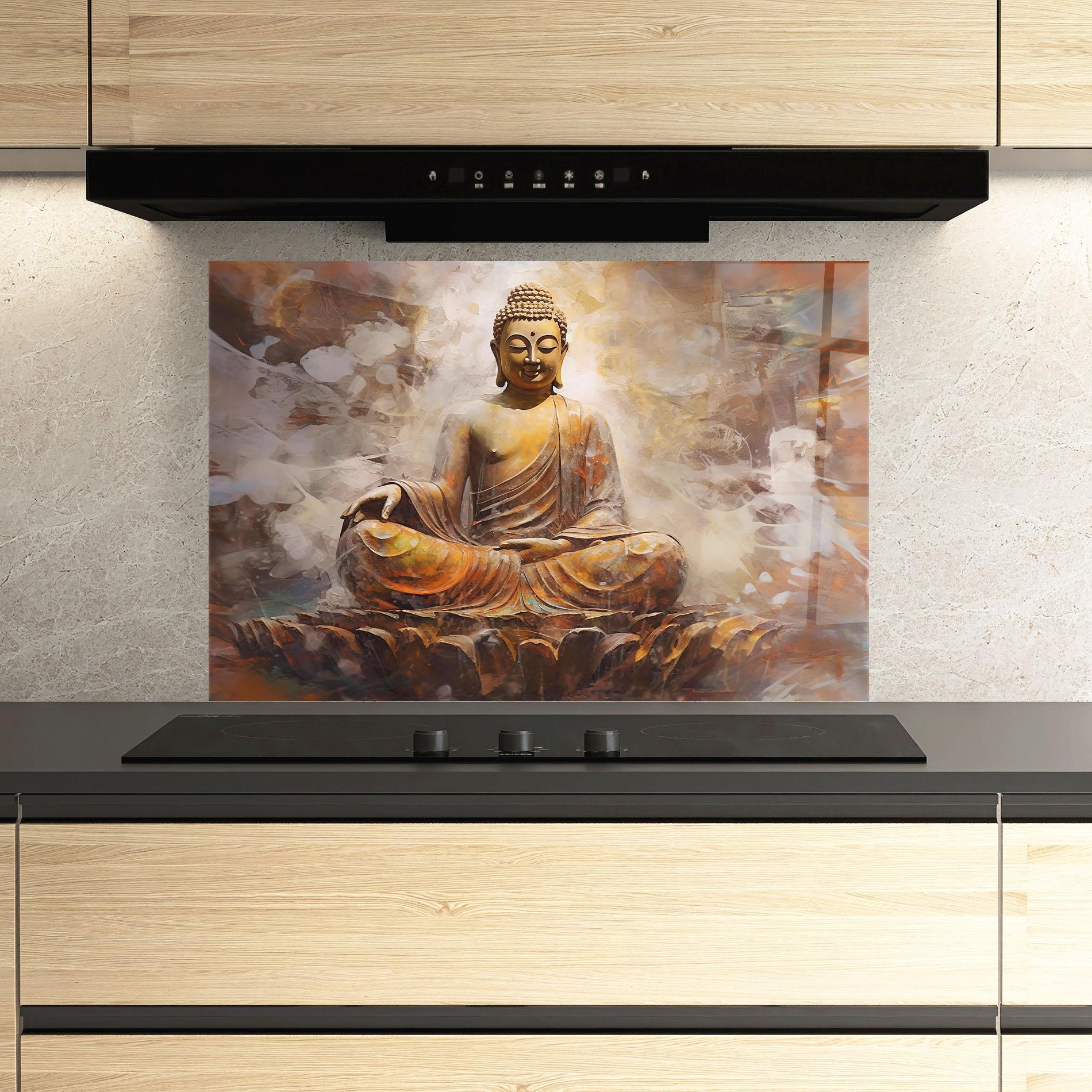 Küchenrückwand Glas Cream Orange Buddha mockup 3