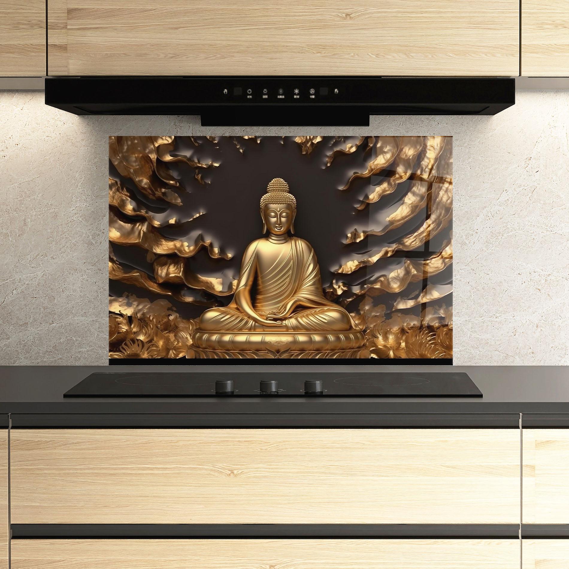 Küchenrückwand Glas Gold 3d Buddha mockup 3