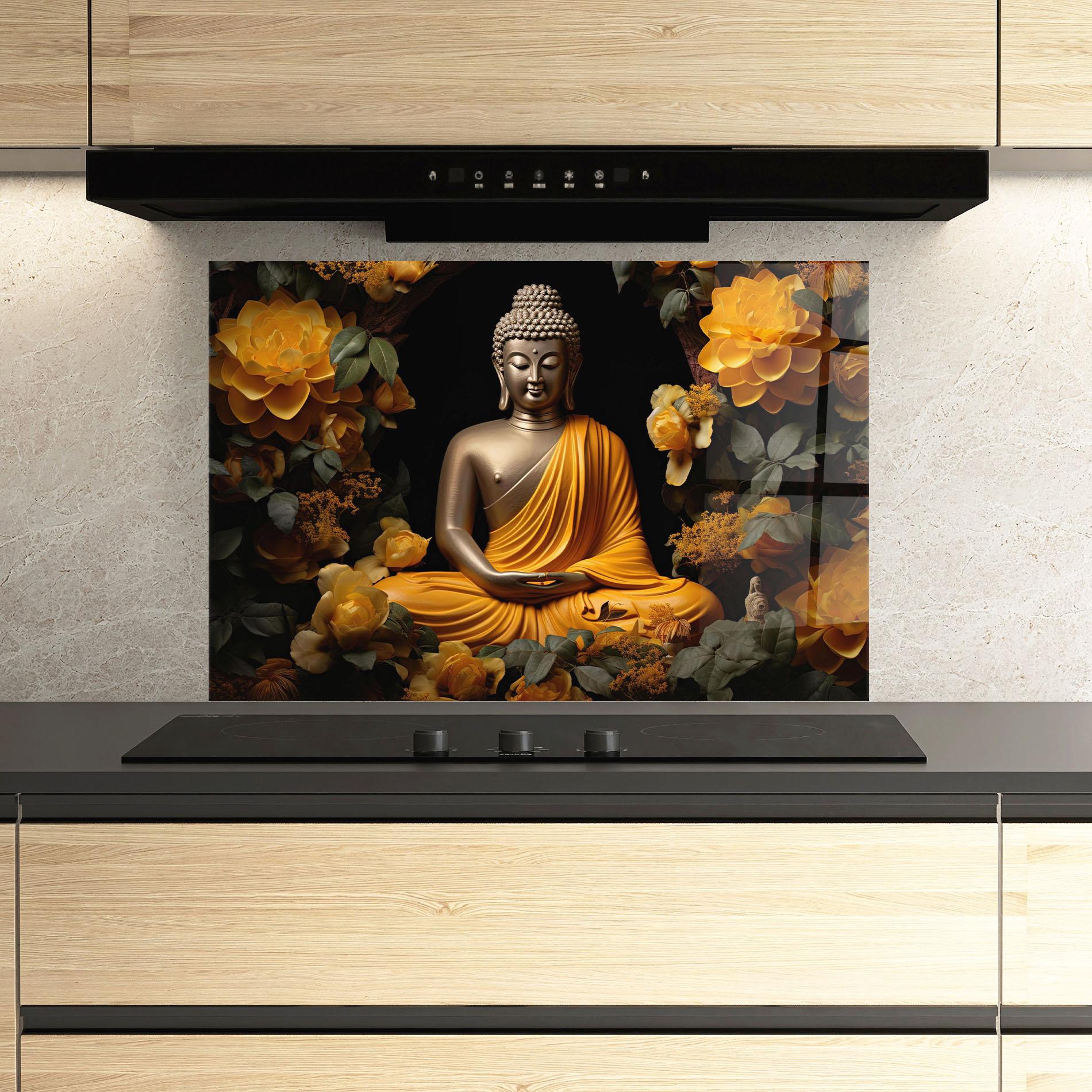 Küchenrückwand Glas Gold Buddha Flower mockup 3