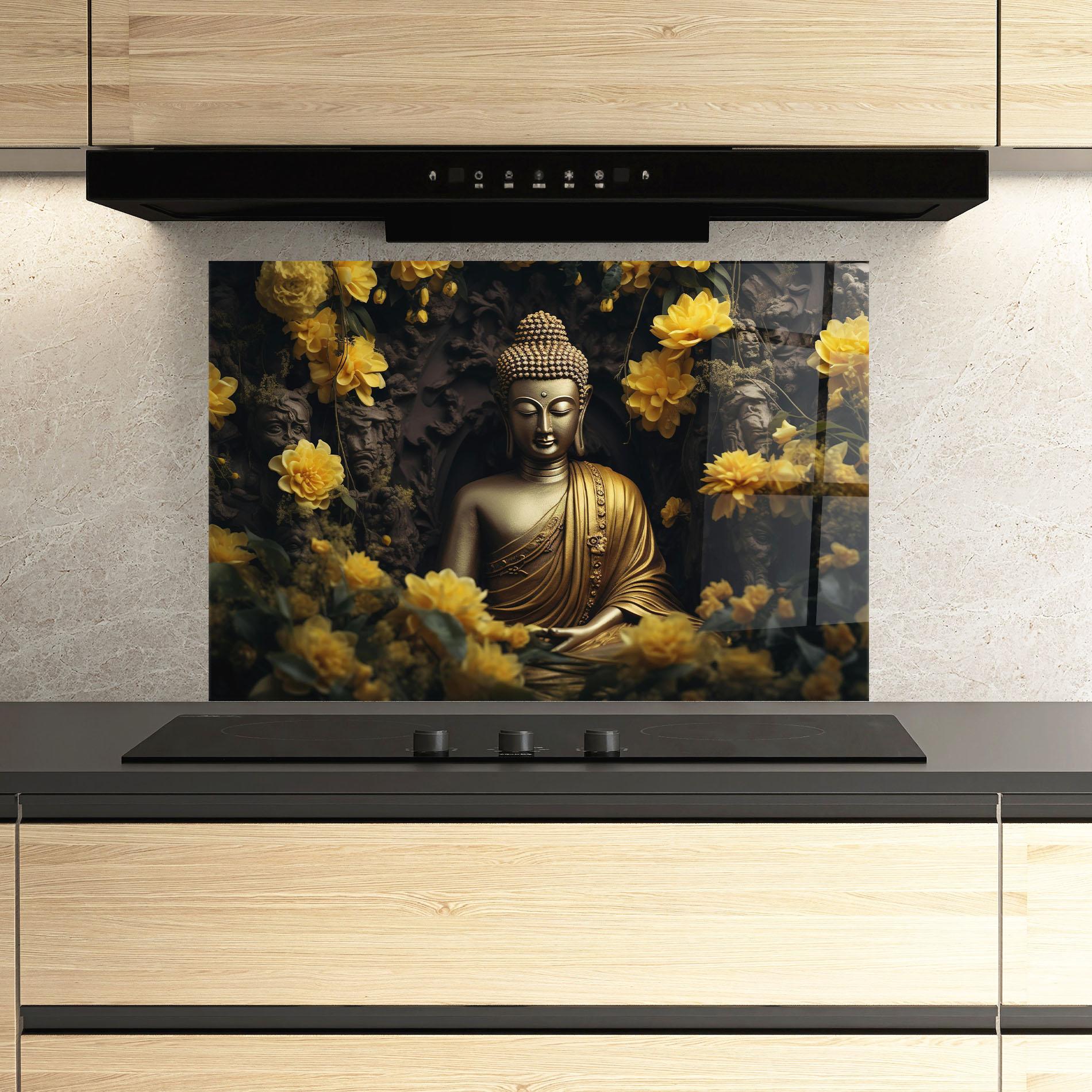 Küchenrückwand Glas Gold Buddha Flowers mockup 3