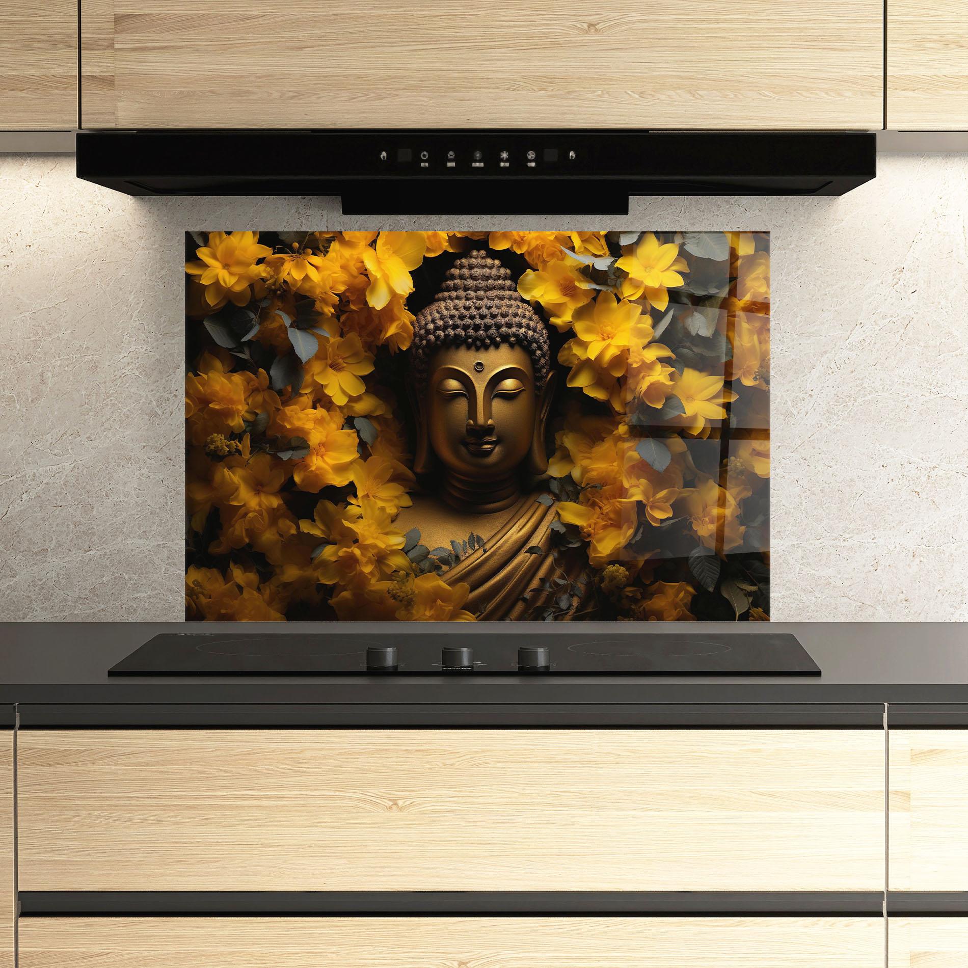 Küchenrückwand Glas Gold Buddha Meditation mockup 3