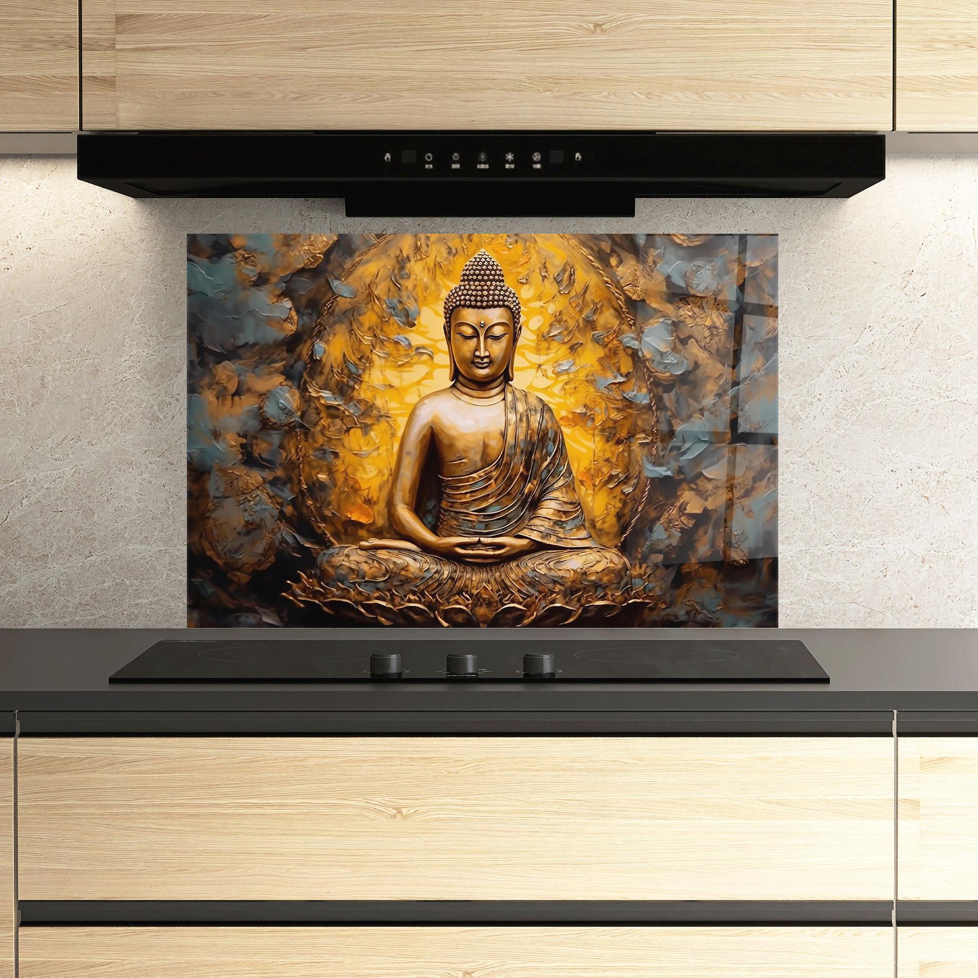 Küchenrückwand Glas Gold Grey Buddha mockup 3
