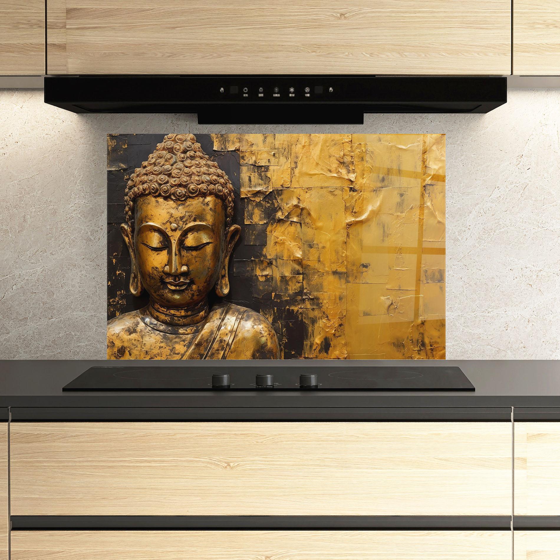 Küchenrückwand Glas Gold Paint Buddha mockup 3