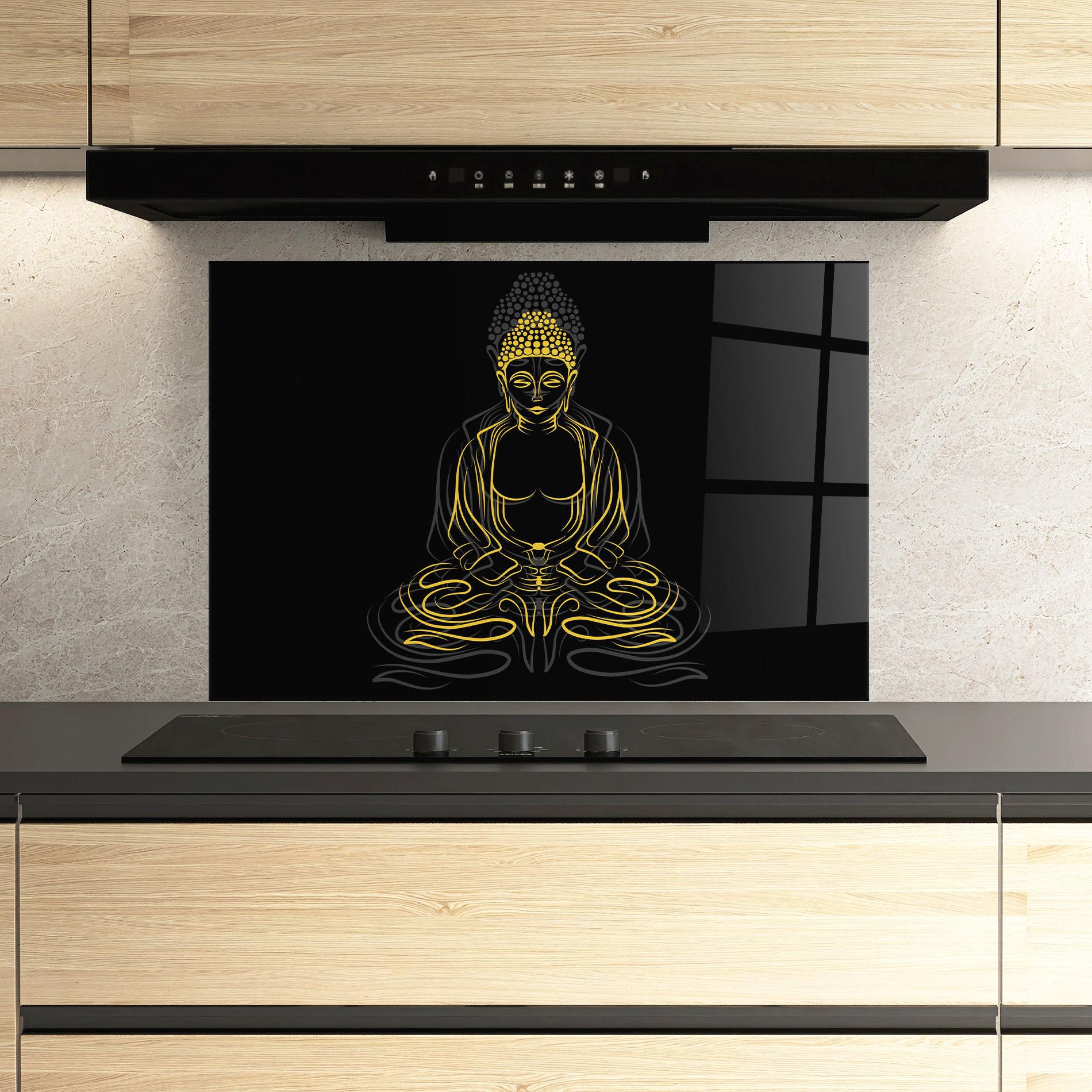 Küchenrückwand Glas Grey Yellow Buddha mockup 3