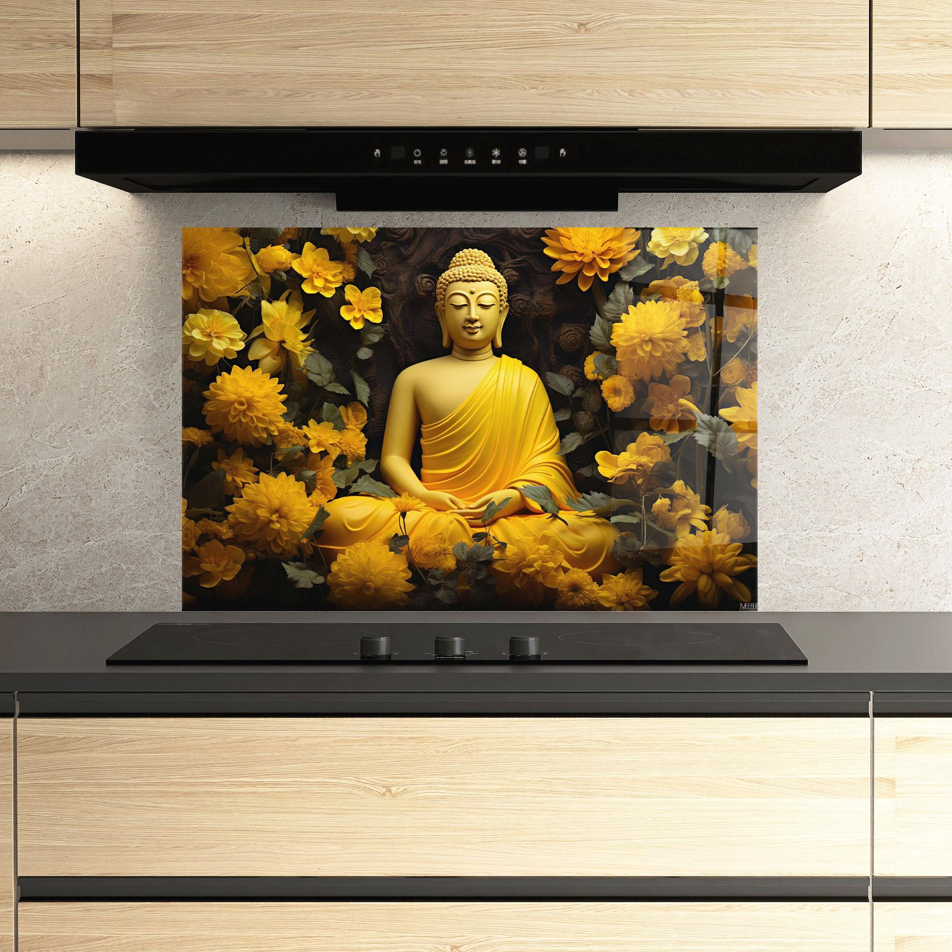 Küchenrückwand Glas Light Yellow Buddha mockup 3