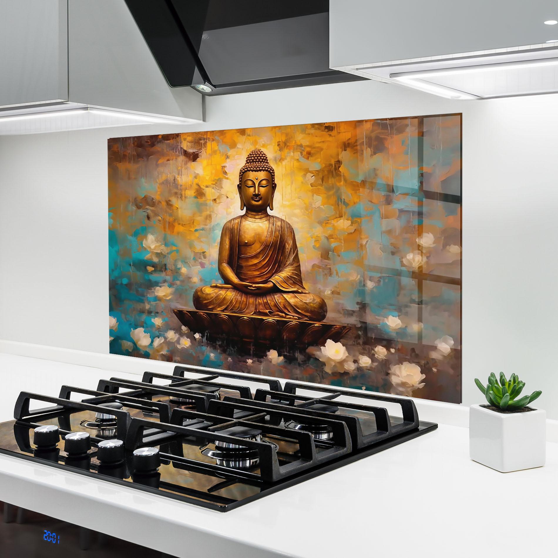 Küchenrückwand Glas Blue Gold Buddha mockup 6