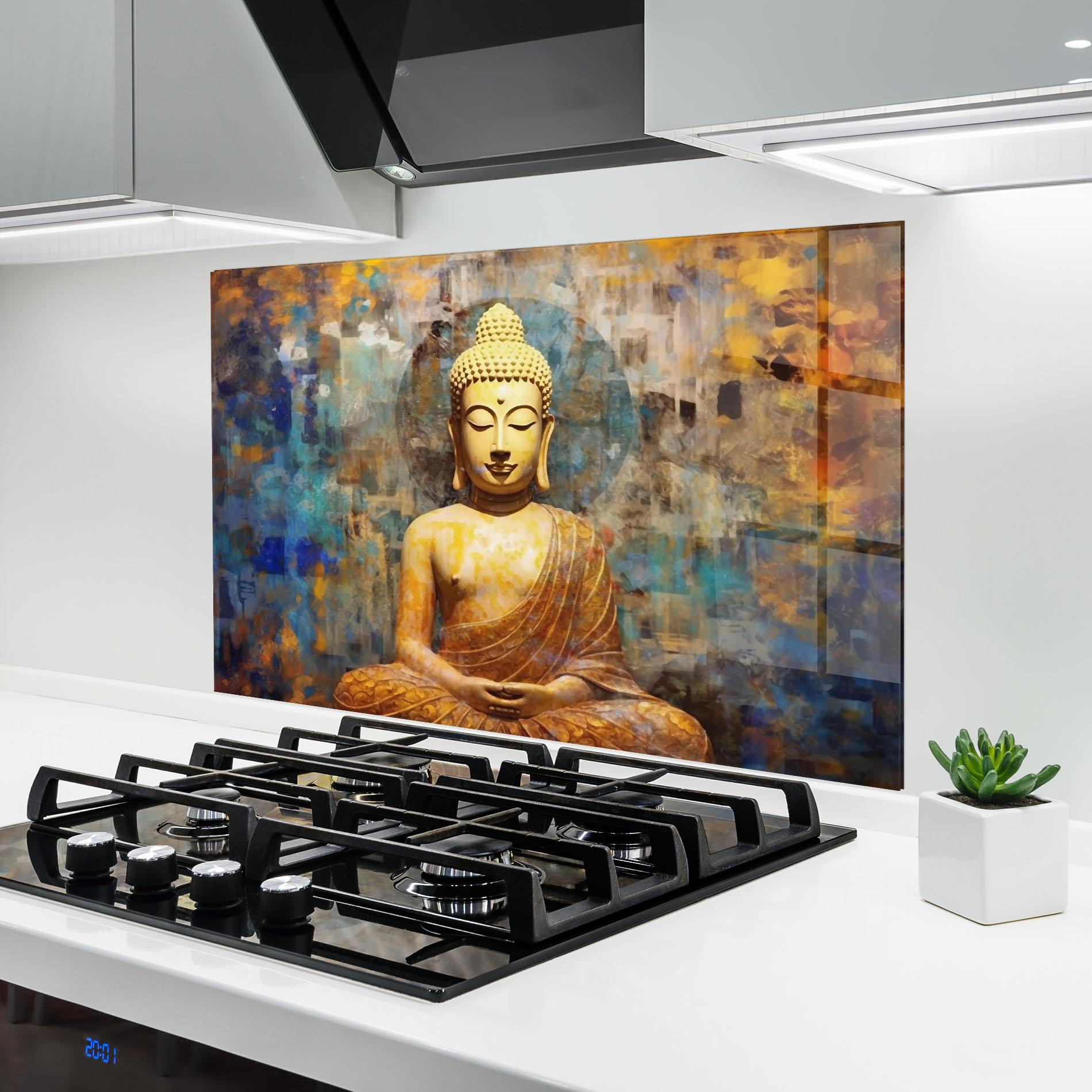 Küchenrückwand Glas Buddha Blue Gold mockup 6