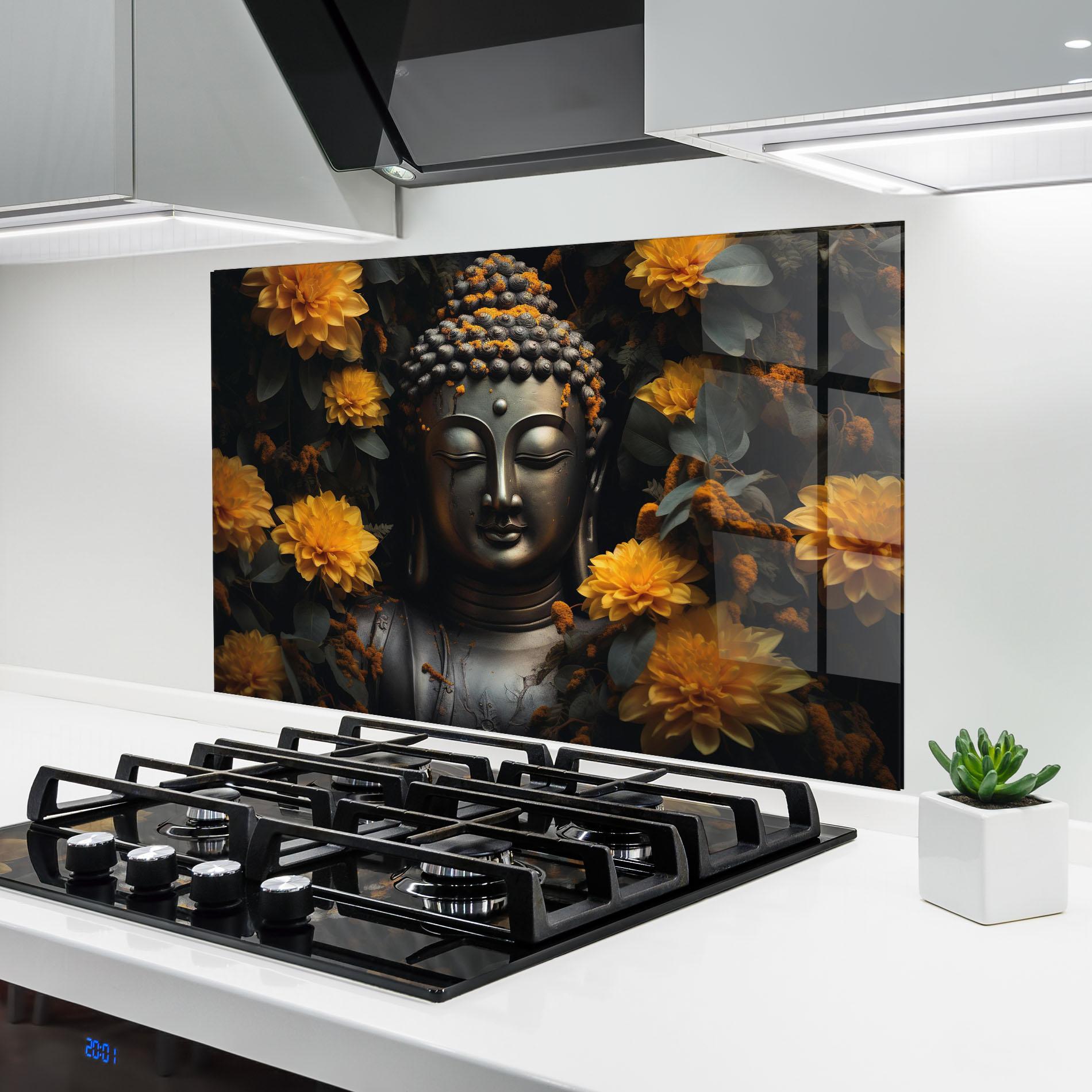 Küchenrückwand Glas Buddha Peace Statue mockup 6