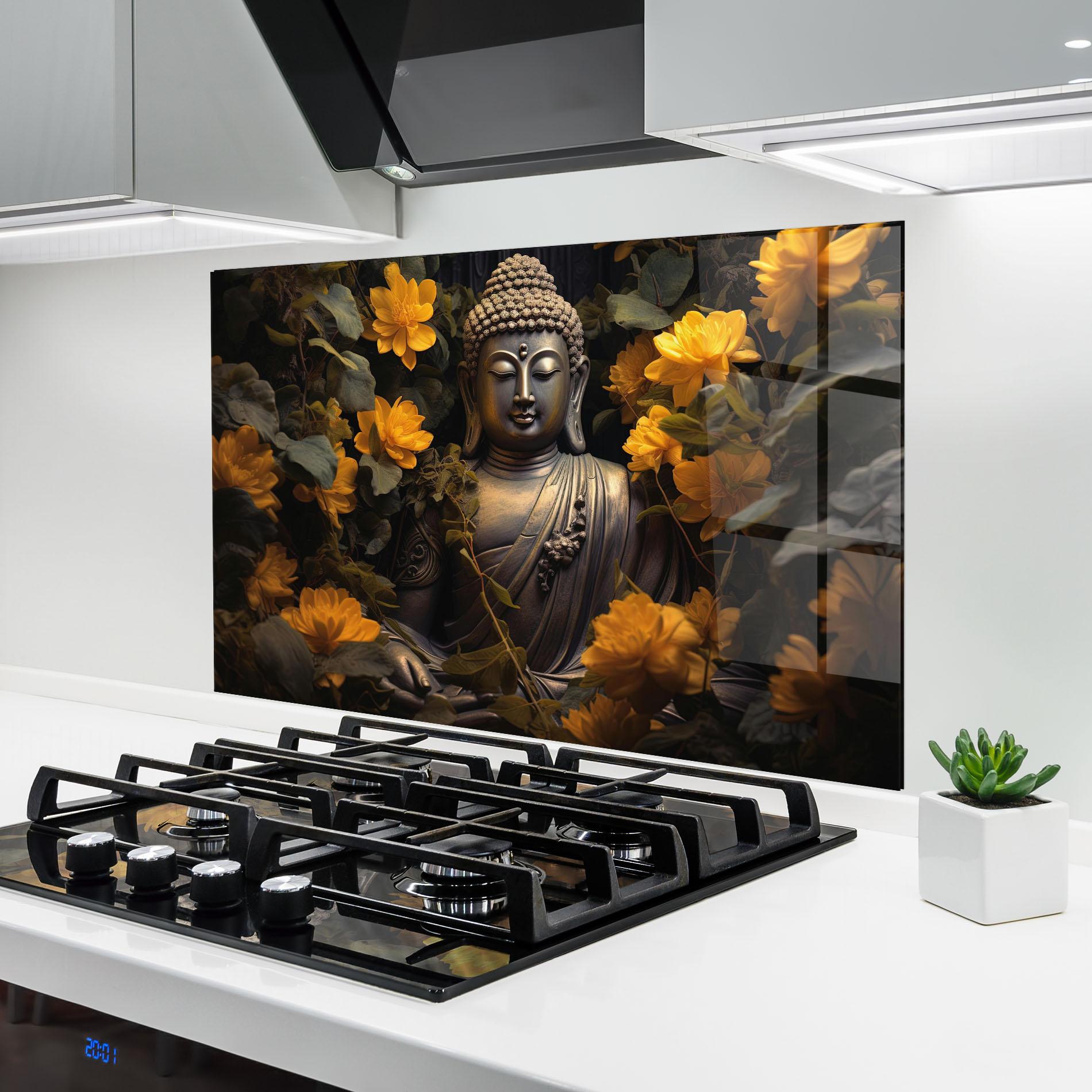 Küchenrückwand Glas Buddha Yellow Meditation mockup 6
