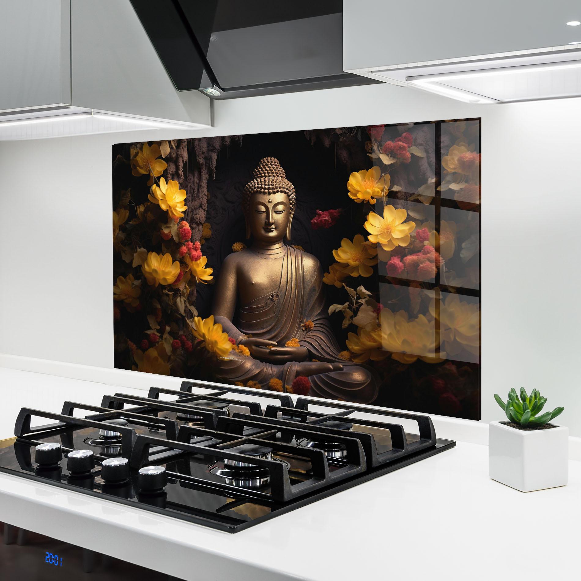 Küchenrückwand Glas Buddha Yellow Red mockup 6