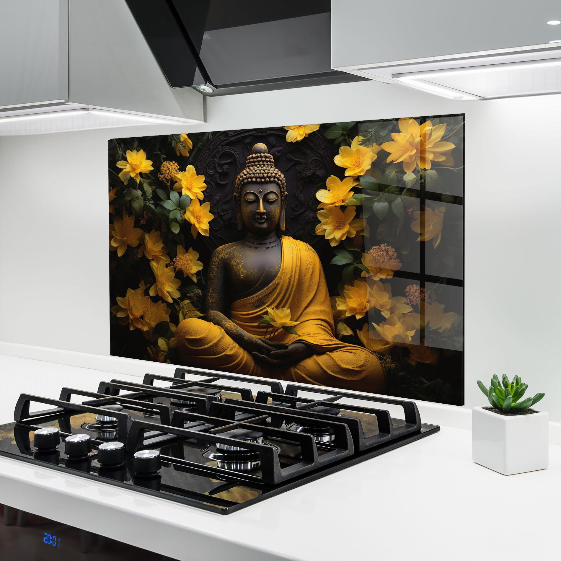Küchenrückwand Glas Buddha Yellow Statue mockup 6