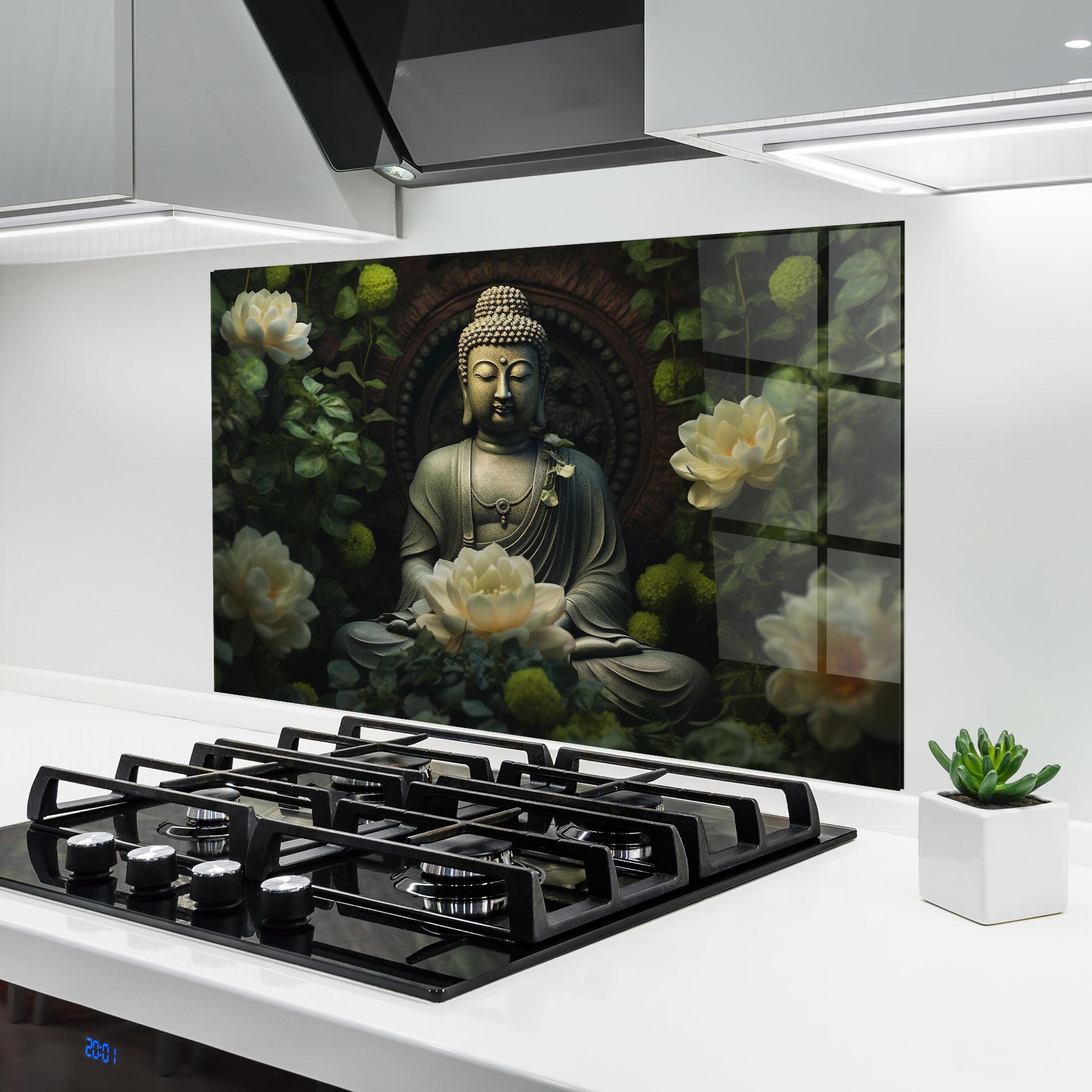 Küchenrückwand Glas Cream Flower Buddha mockup 6