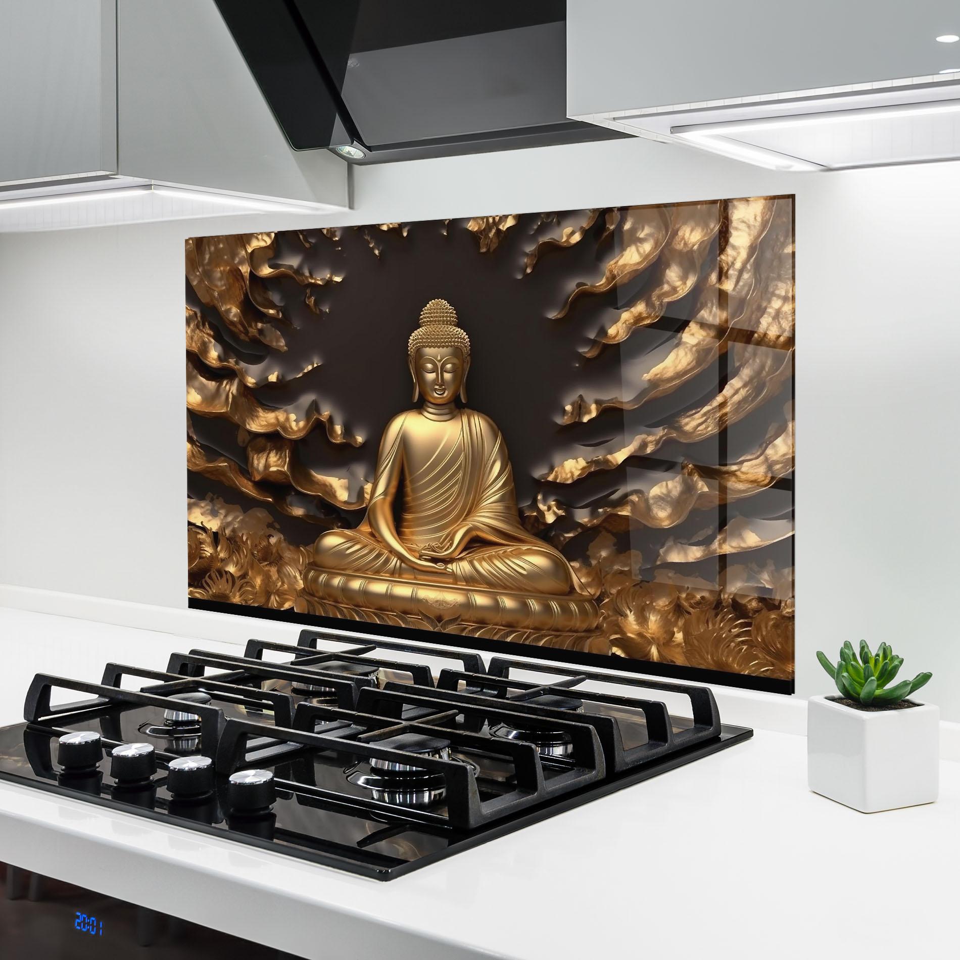 Küchenrückwand Glas Gold 3d Buddha mockup 6