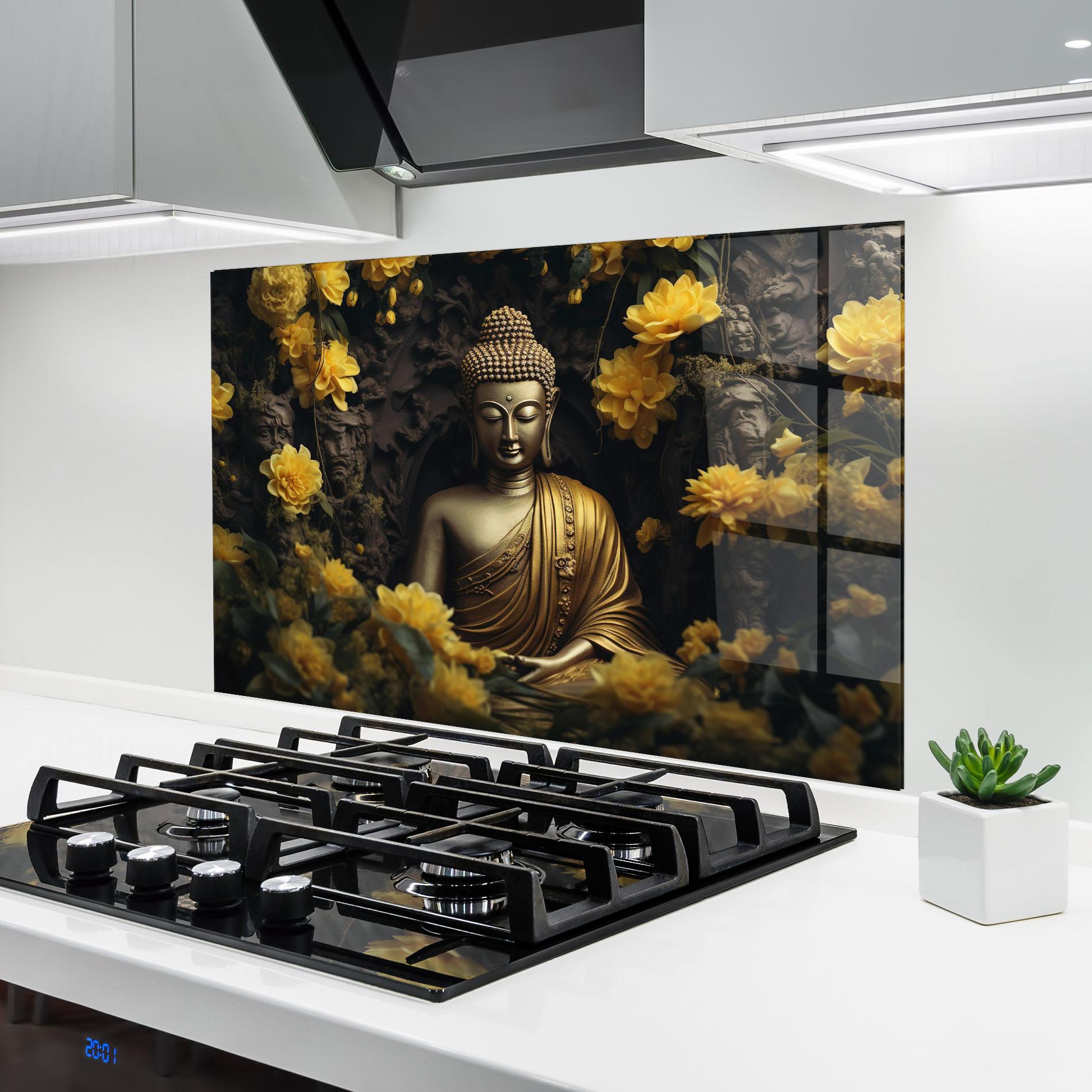 Küchenrückwand Glas Gold Buddha Flowers mockup 6