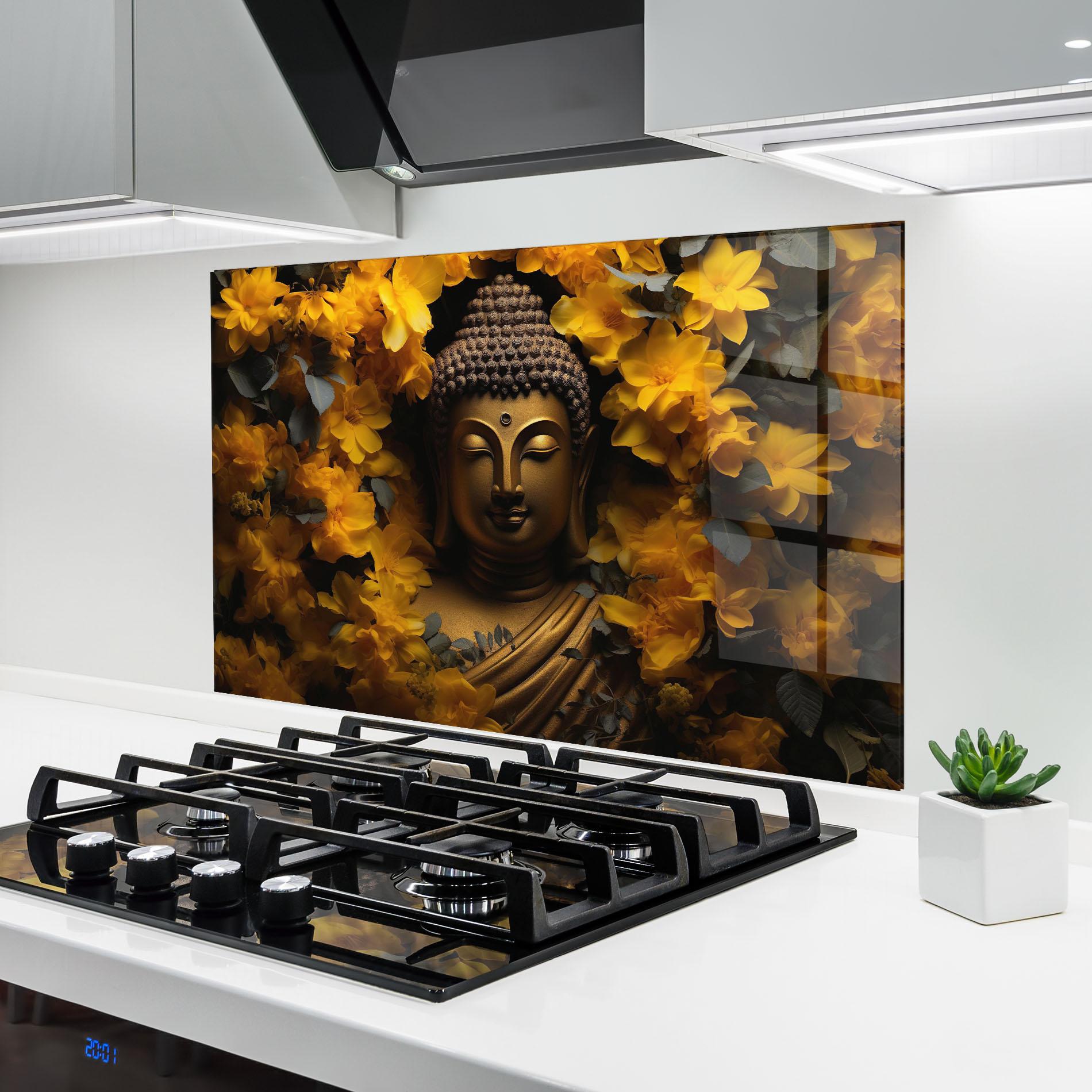 Küchenrückwand Glas Gold Buddha Meditation mockup 6