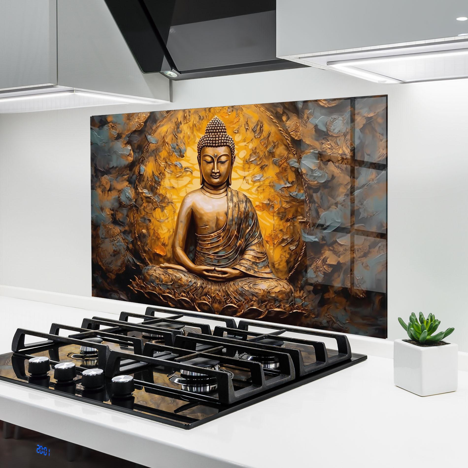 Küchenrückwand Glas Gold Grey Buddha mockup 6