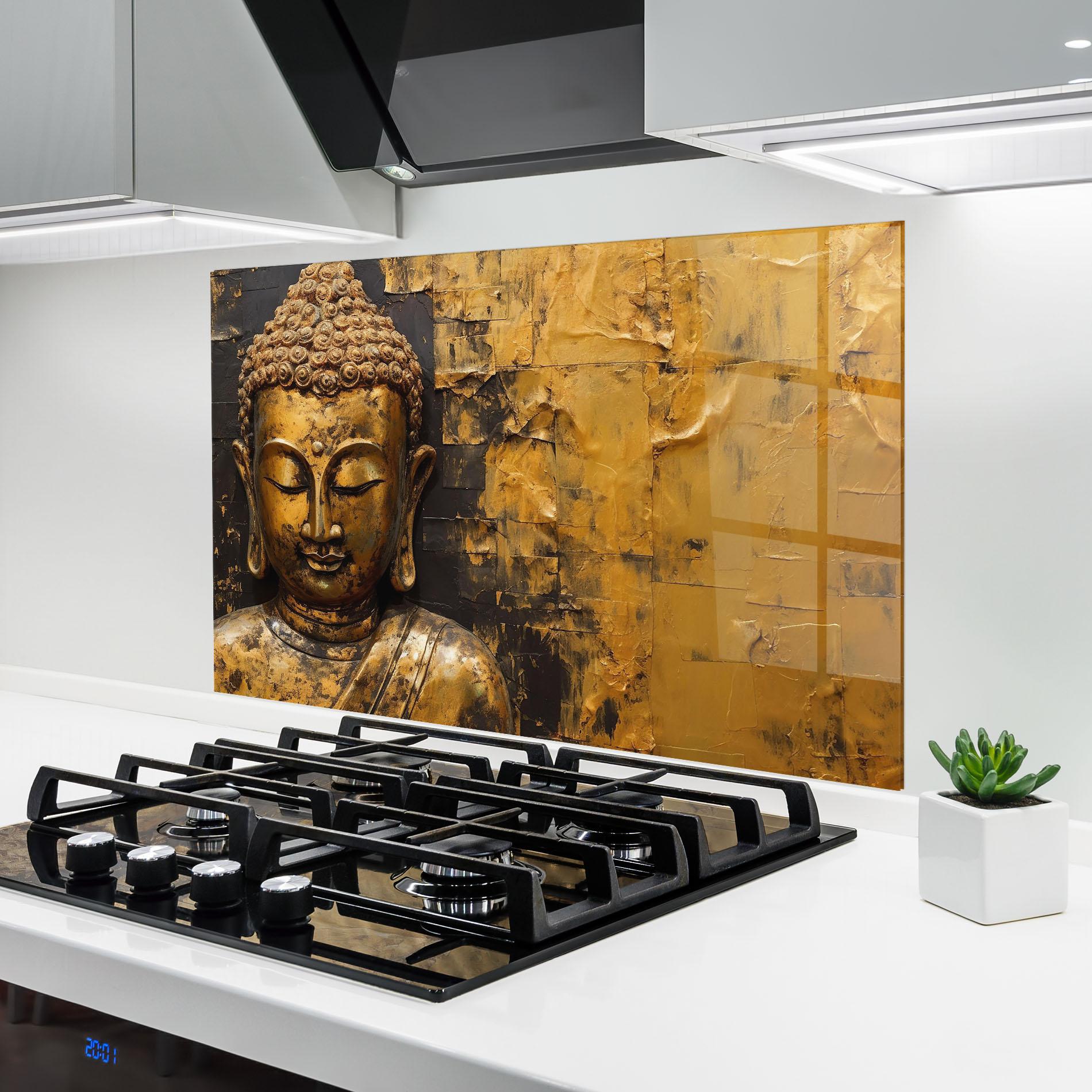 Küchenrückwand Glas Gold Paint Buddha mockup 6