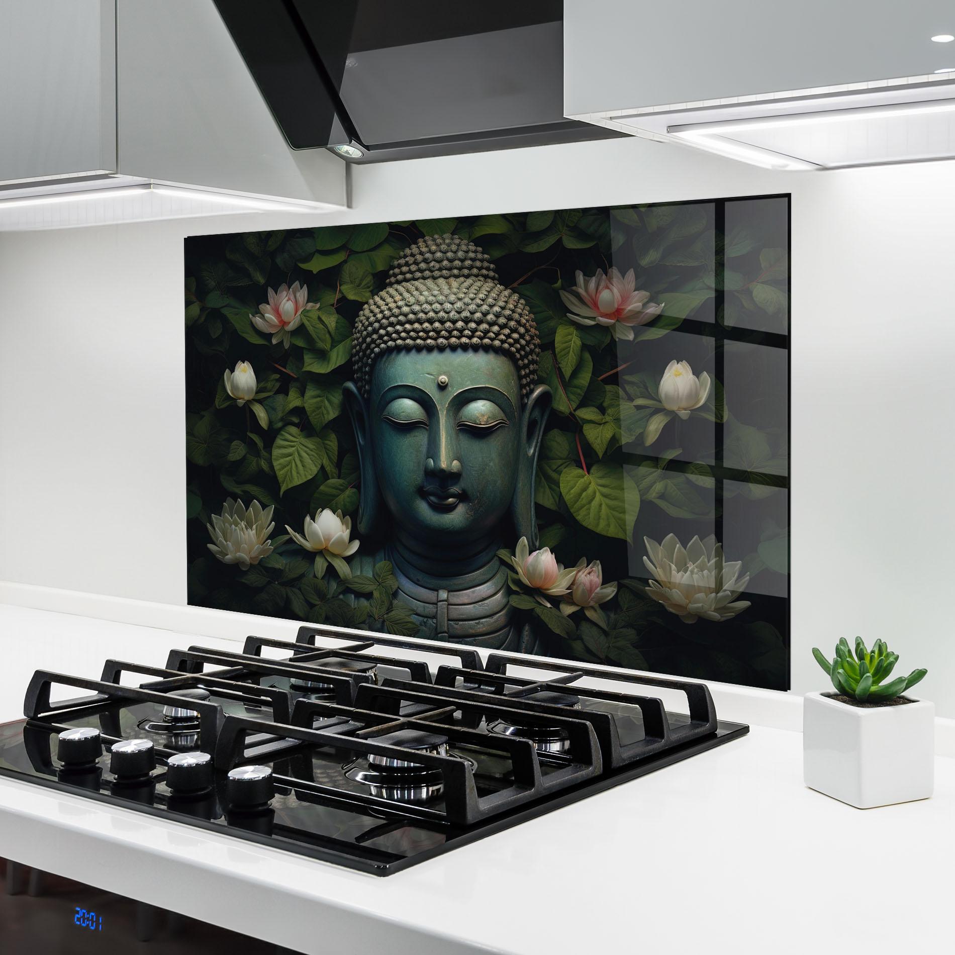 Küchenrückwand Glas Green Statue Buddha mockup 6