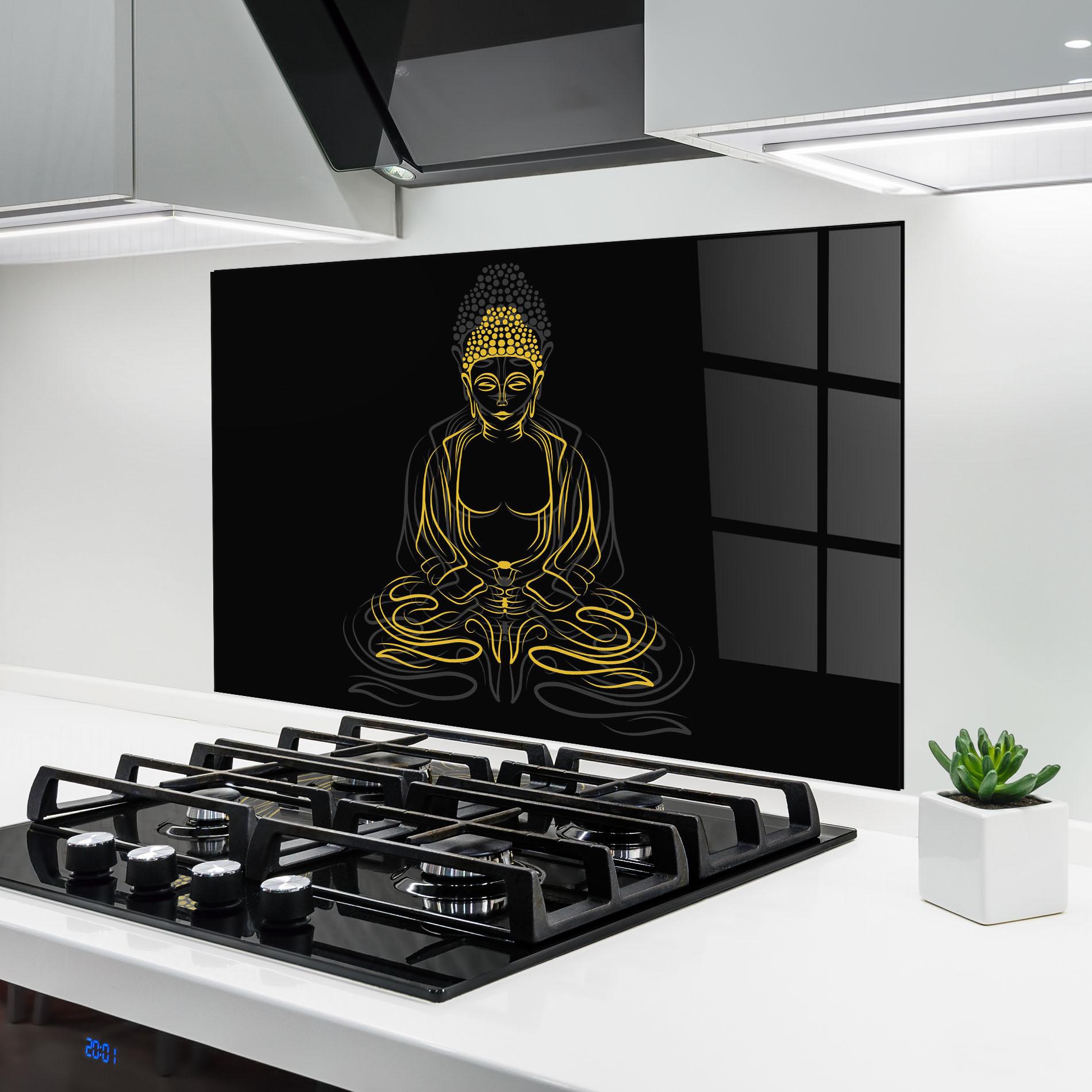 Küchenrückwand Glas Grey Yellow Buddha mockup 6