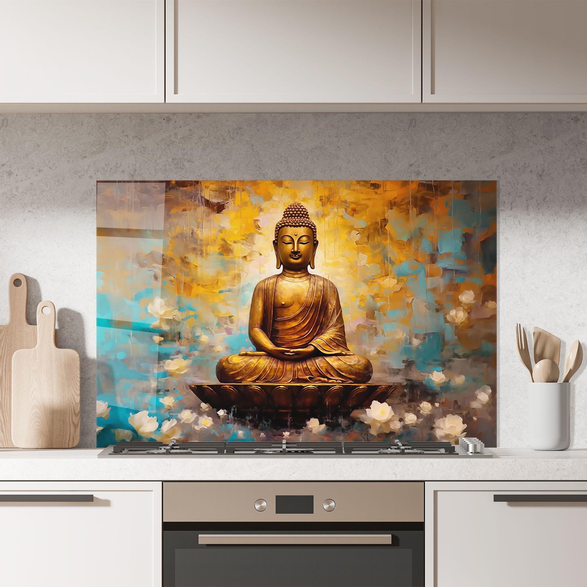 Küchenrückwand Glas Blue Gold Buddha mockup 7