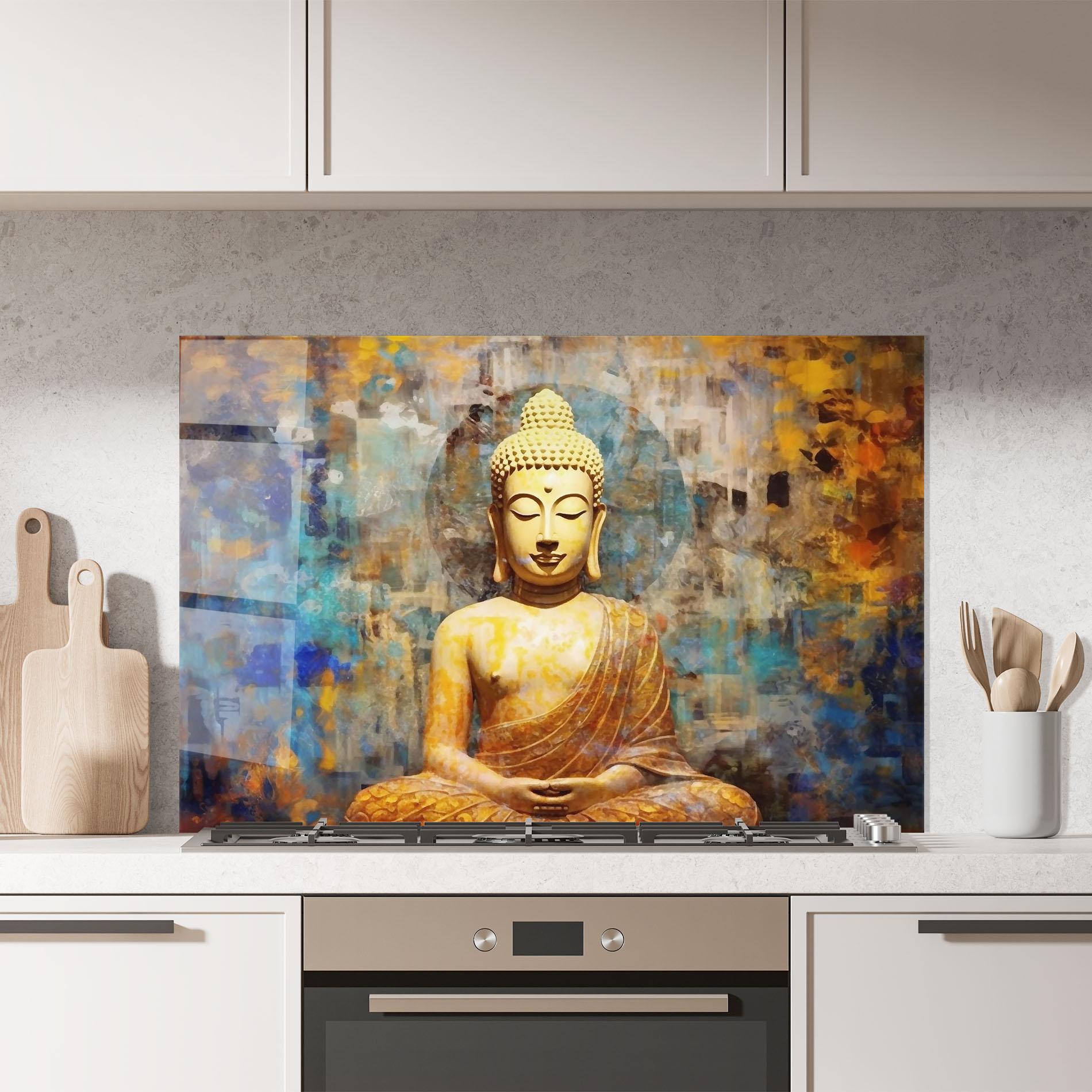 Küchenrückwand Glas Buddha Blue Gold mockup 7