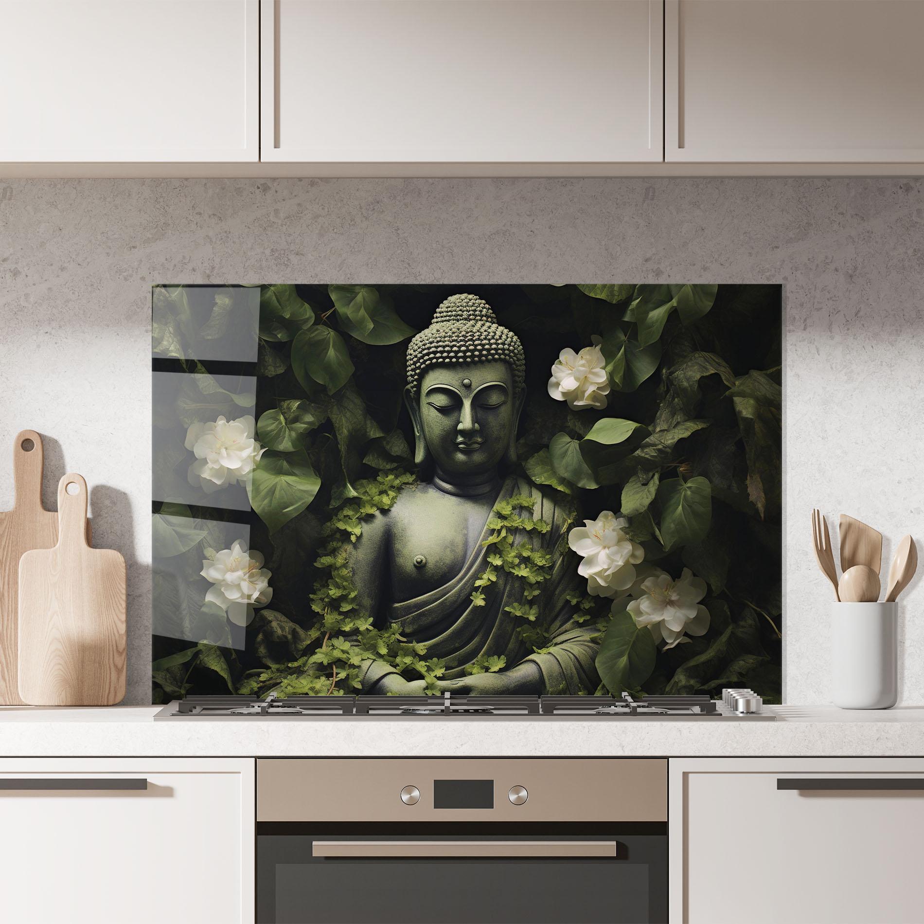 Küchenrückwand Glas Buddha Lotus Statue mockup 7