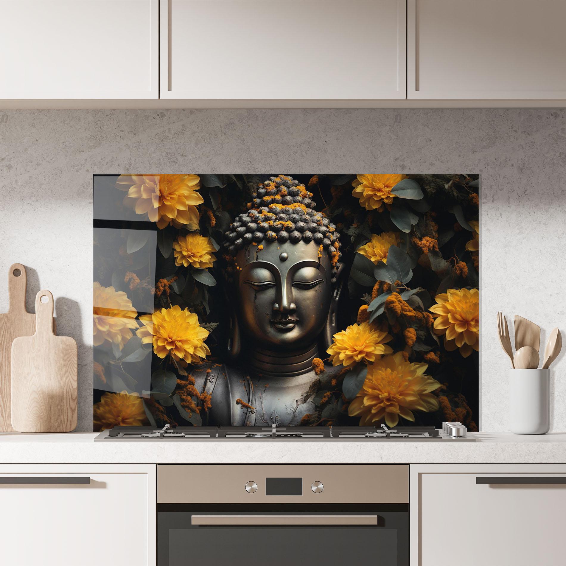 Küchenrückwand Glas Buddha Peace Statue mockup 7