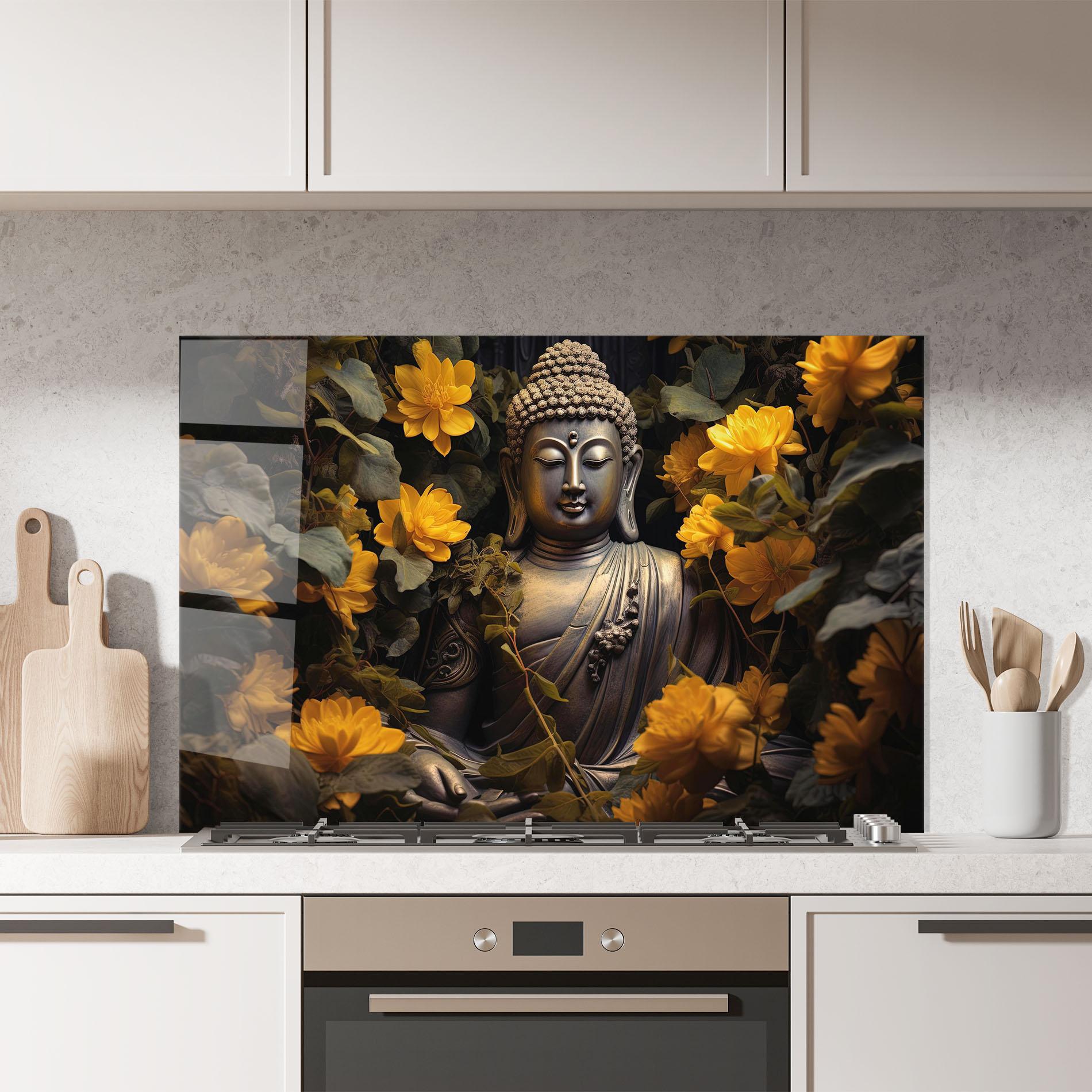 Küchenrückwand Glas Buddha Yellow Meditation mockup 7