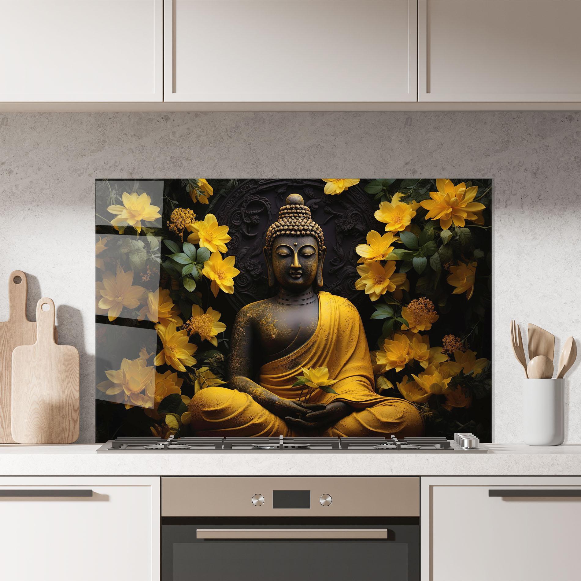 Küchenrückwand Glas Buddha Yellow Statue mockup 7