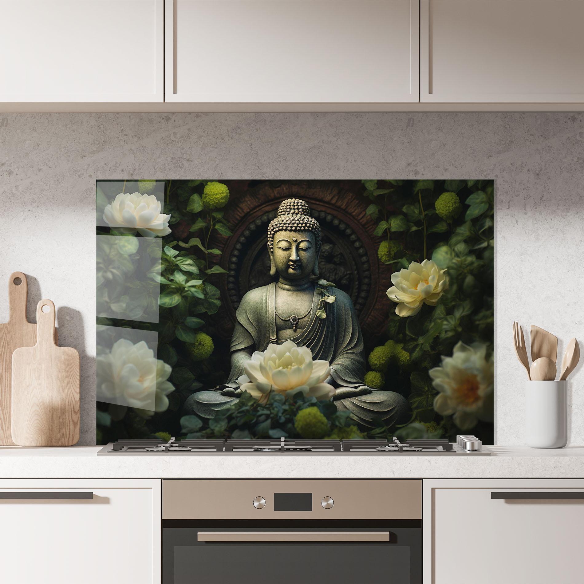 Küchenrückwand Glas Cream Flower Buddha mockup 7