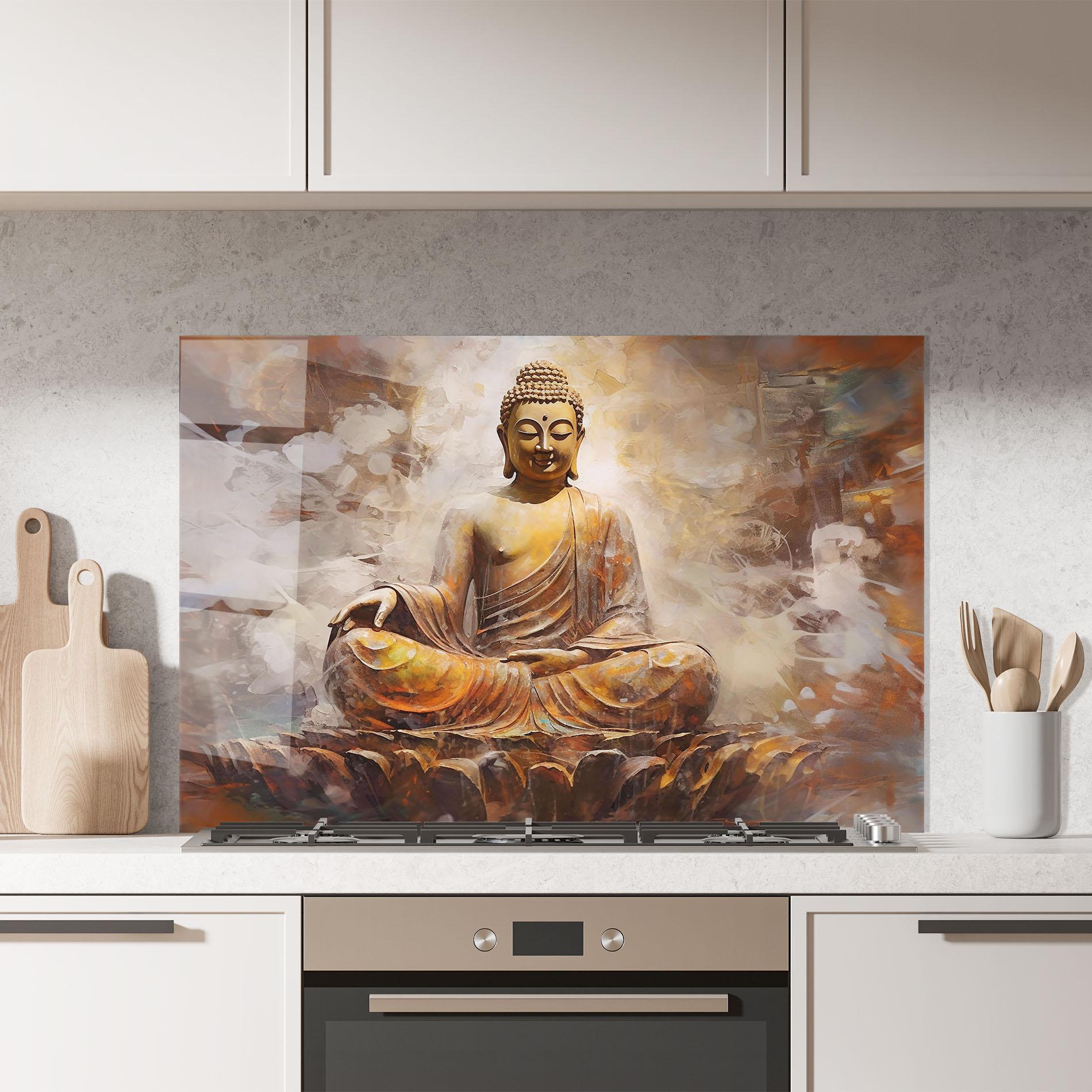 Küchenrückwand Glas Cream Orange Buddha mockup 7