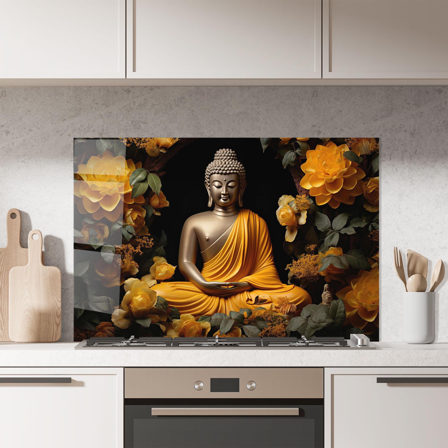 Küchenrückwand Glas Gold Buddha Flower mockup 7