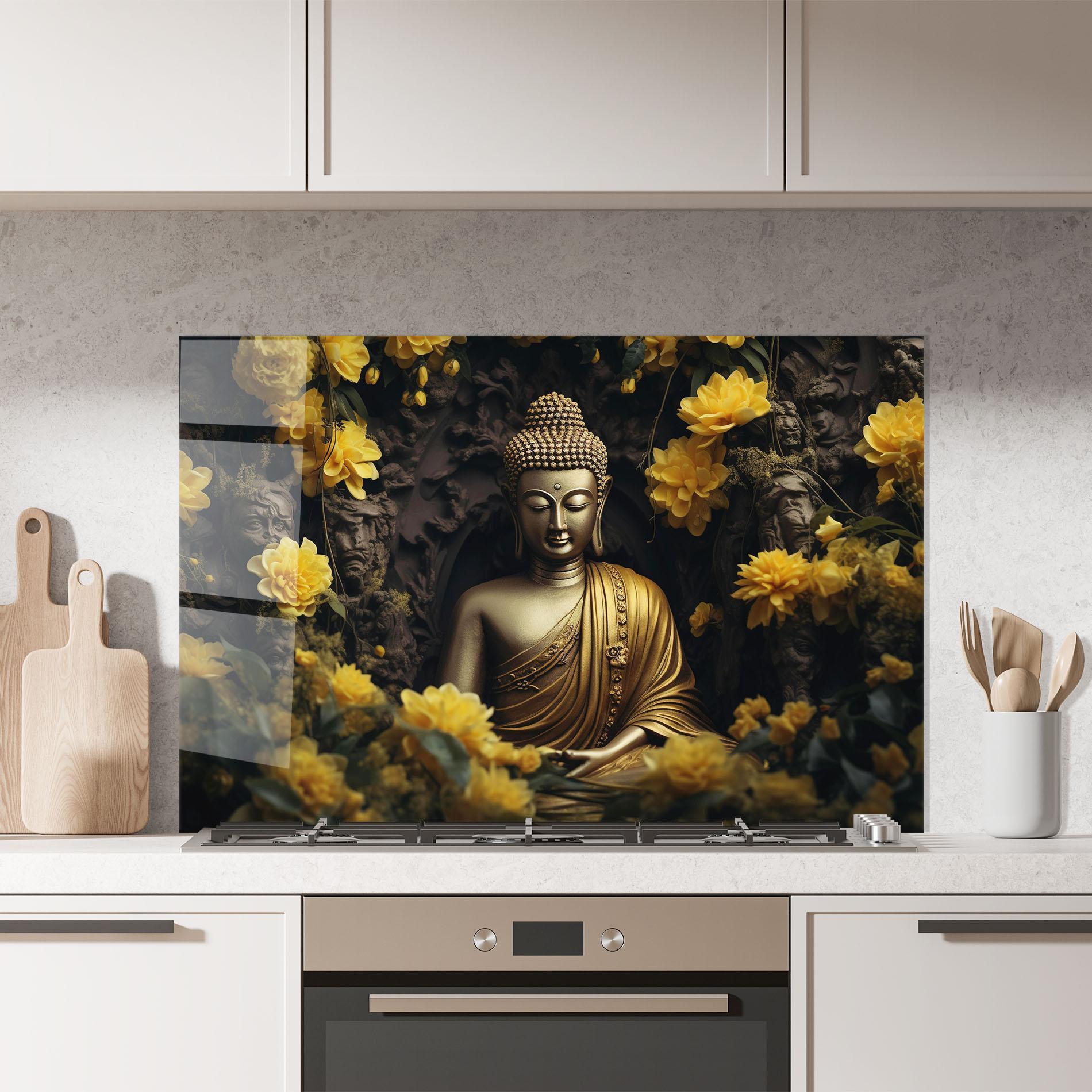 Küchenrückwand Glas Gold Buddha Flowers mockup 7
