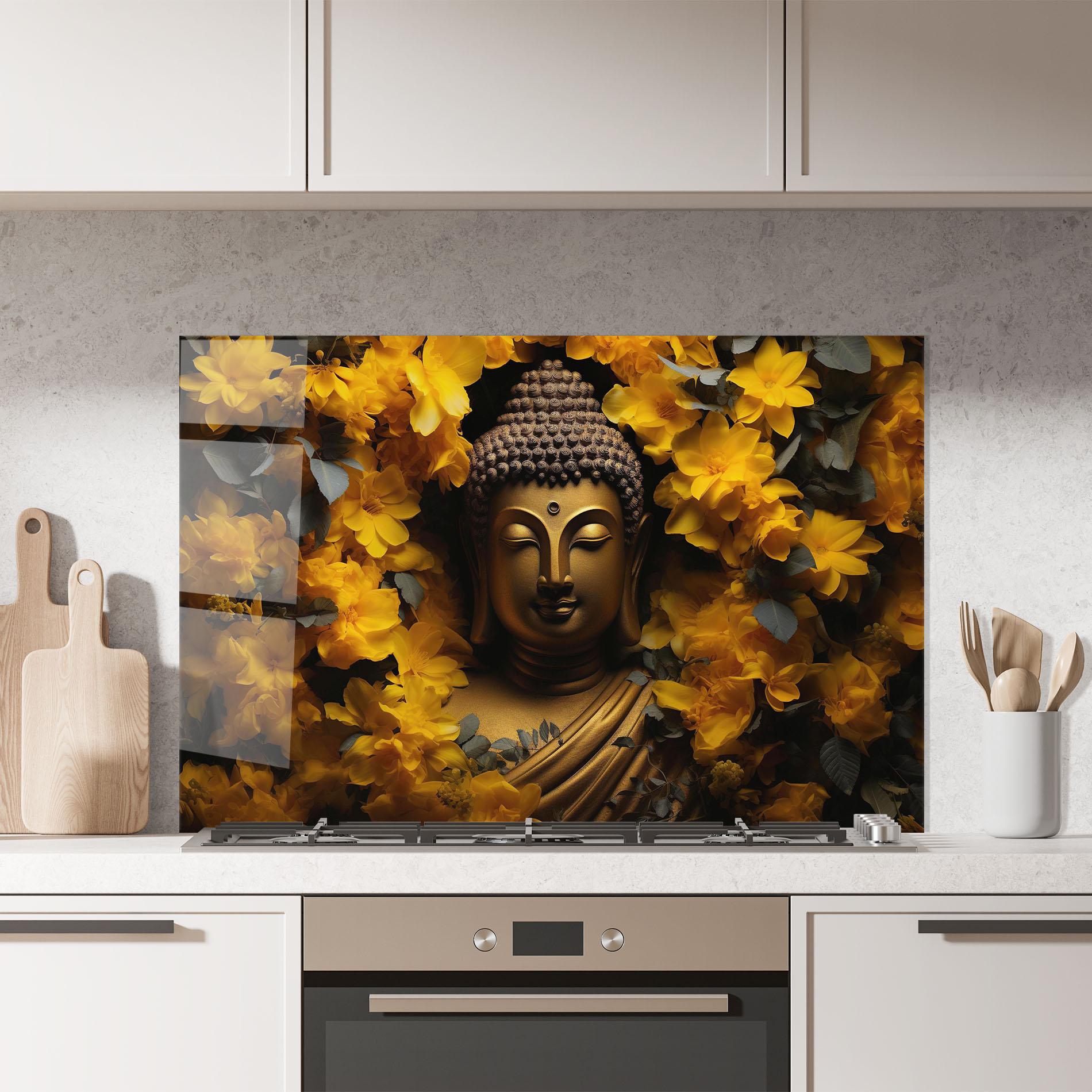 Küchenrückwand Glas Gold Buddha Meditation mockup 7