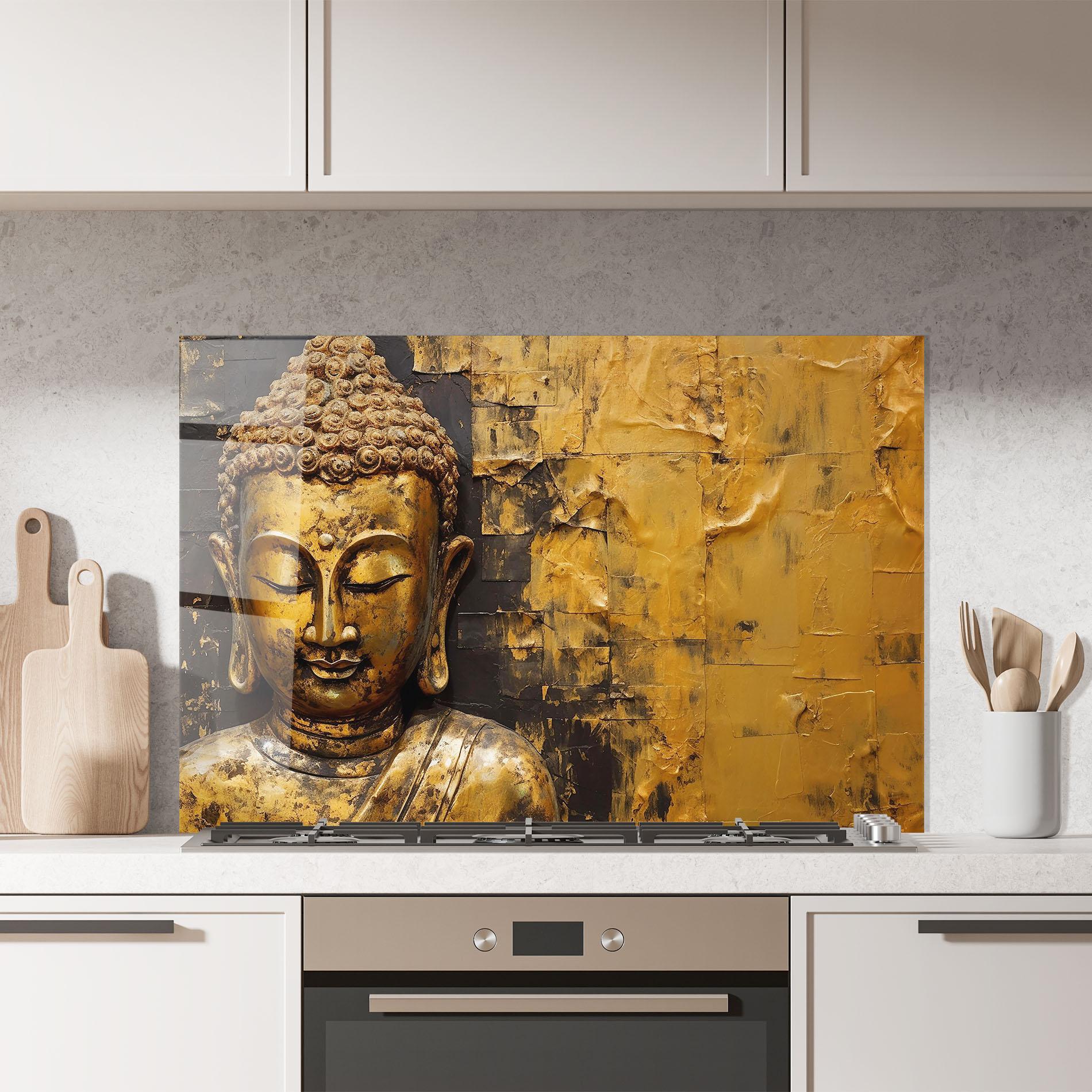 Küchenrückwand Glas Gold Paint Buddha mockup 7