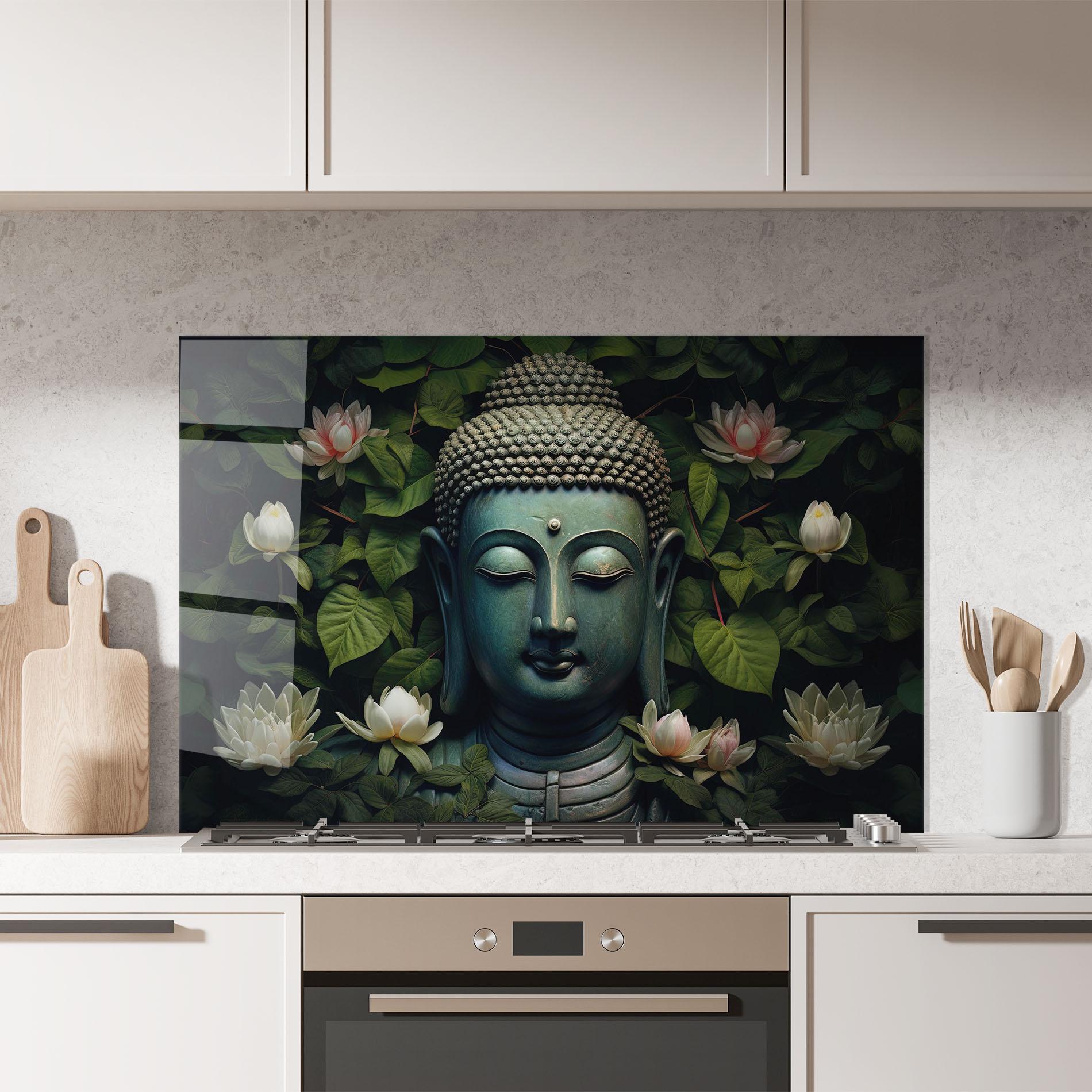 Küchenrückwand Glas Green Statue Buddha mockup 7