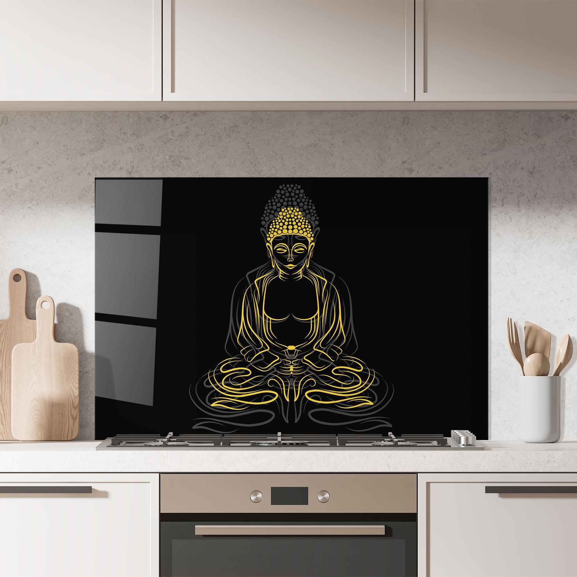 Küchenrückwand Glas Grey Yellow Buddha mockup 7