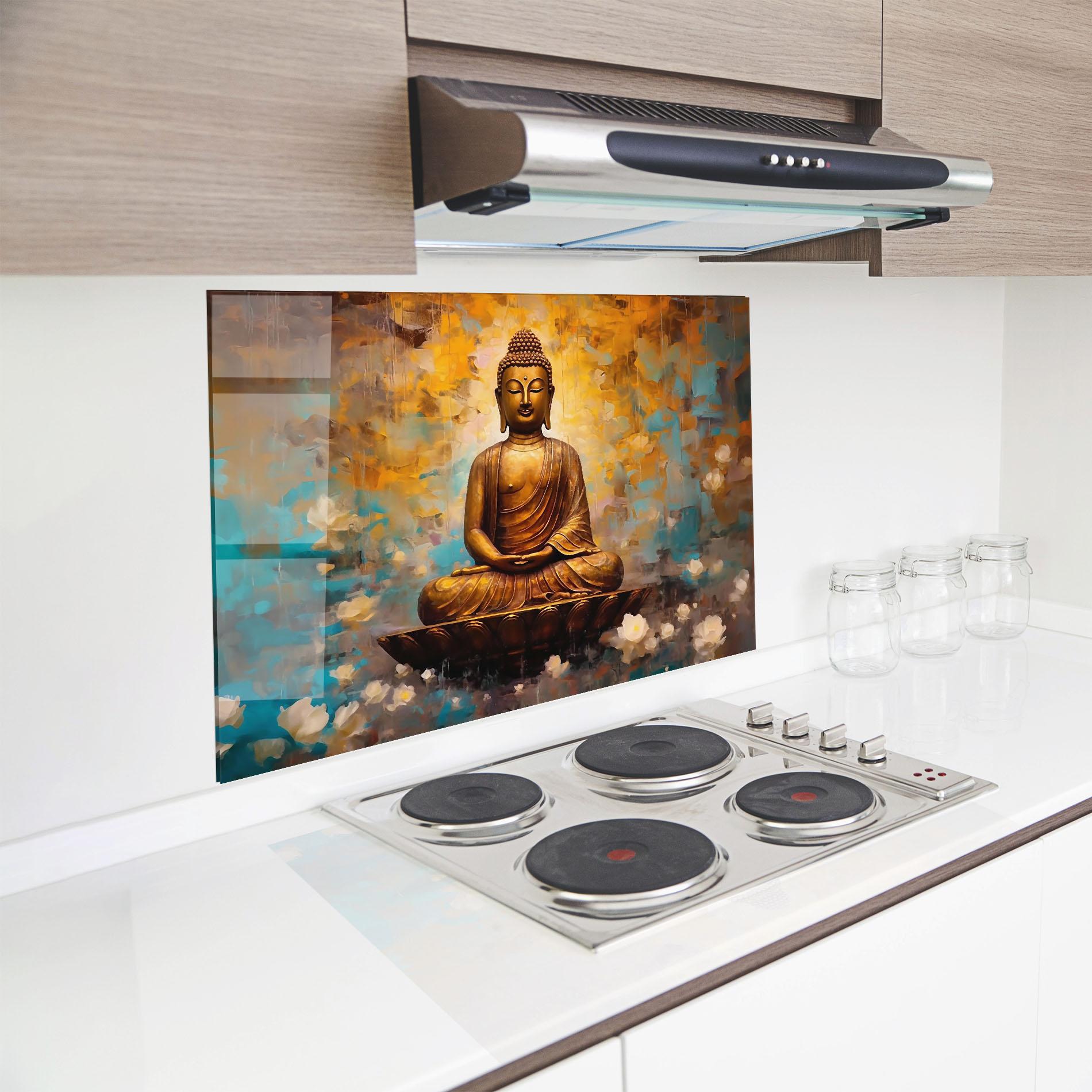 Küchenrückwand Glas Blue Gold Buddha mockup 8